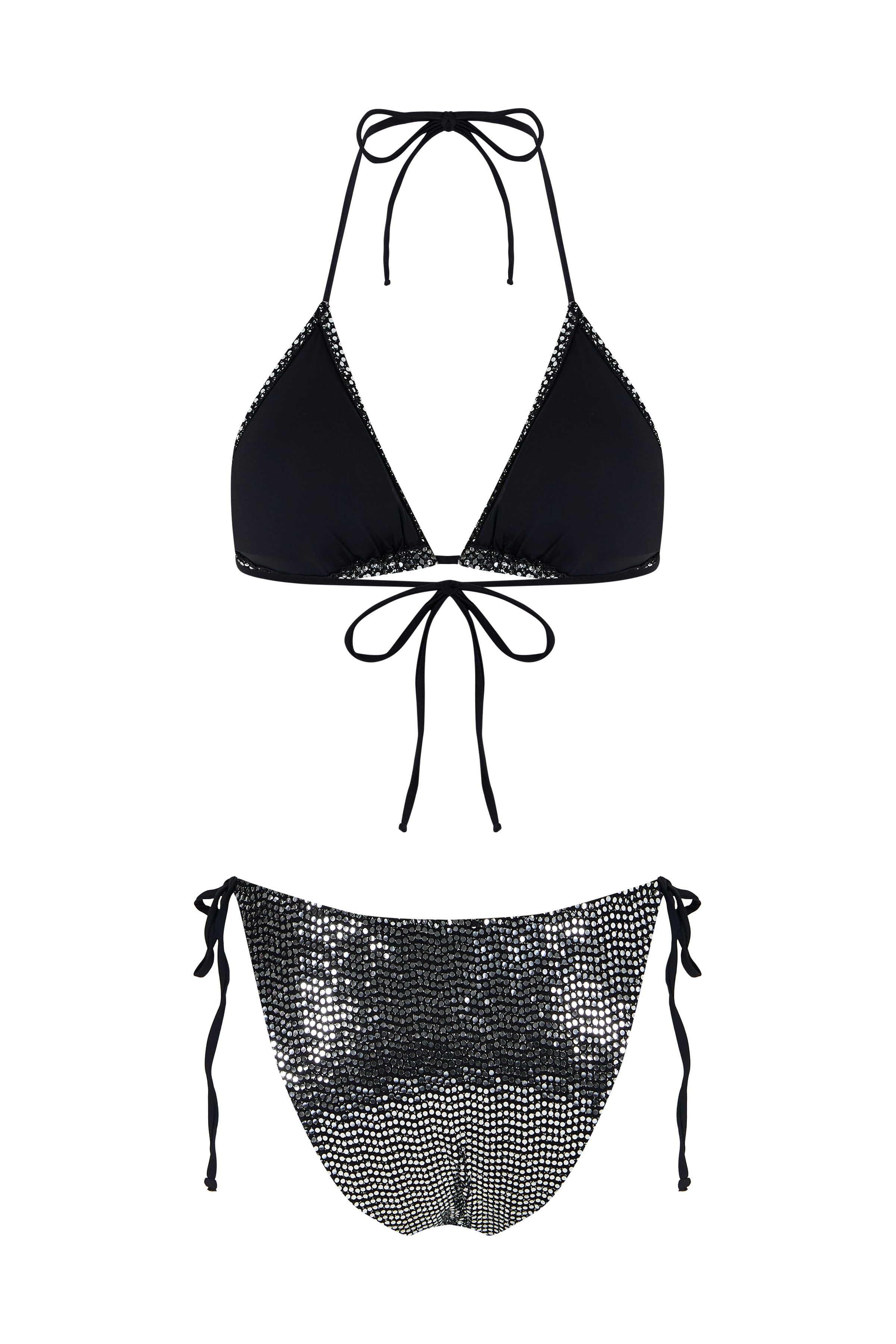 Yansımalı Gümüş Siyah Üçgen Bikini Takım