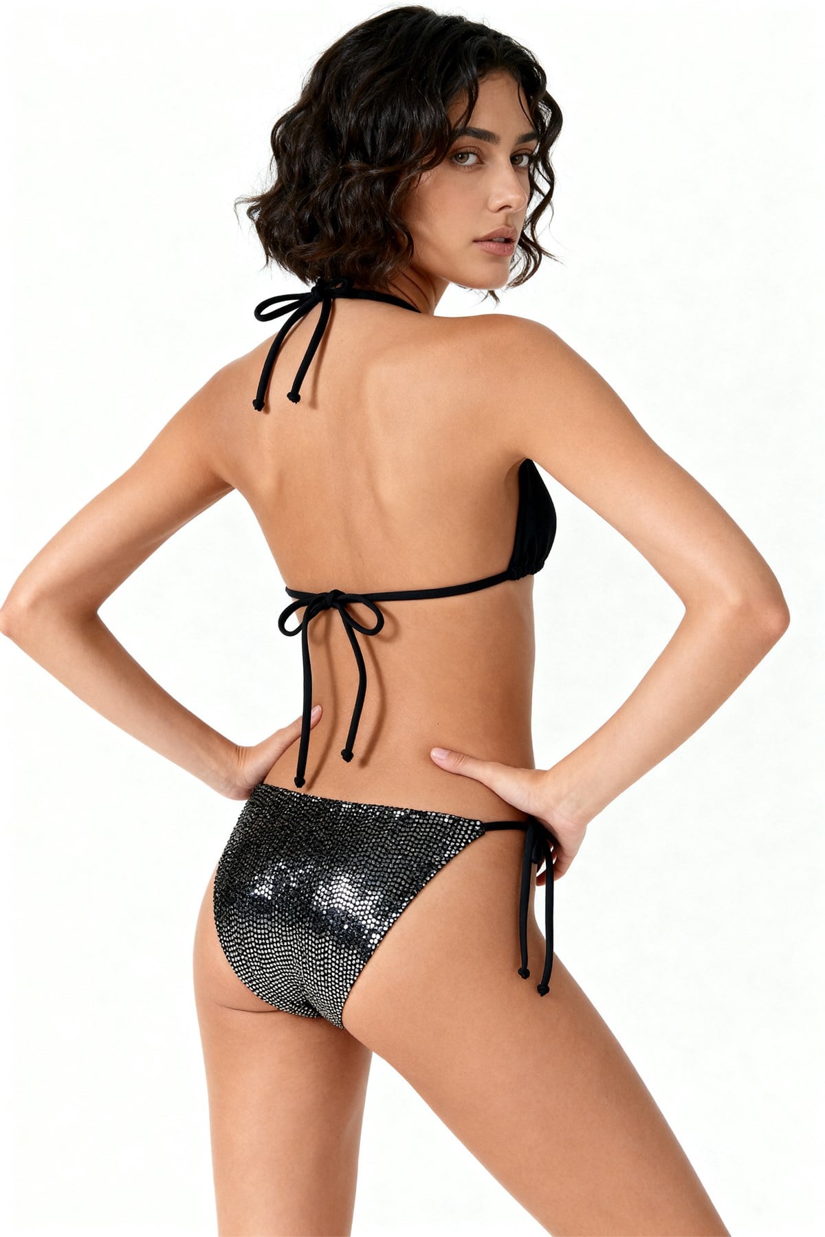 Yansımalı Gümüş Siyah Üçgen Bikini Takım