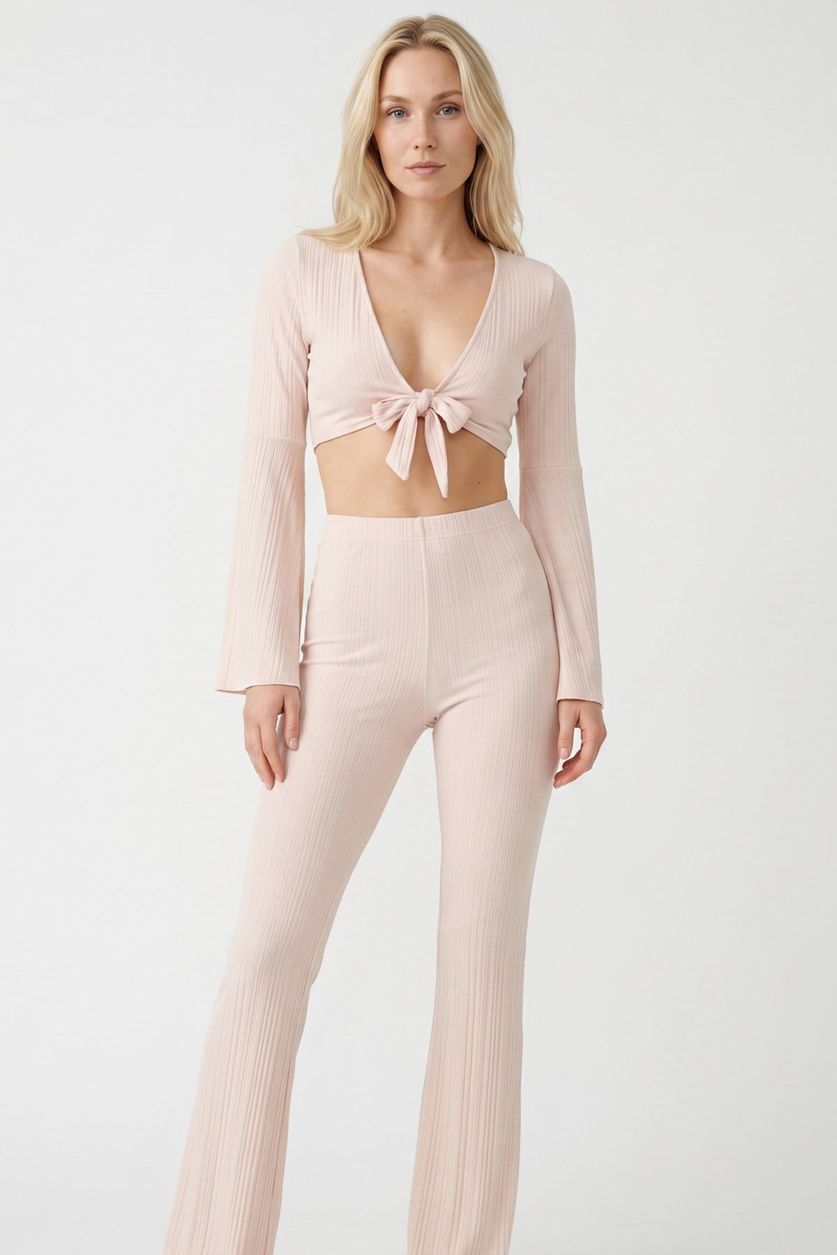 Bağlamalı Bej Dokulu Crop Top-Pantolon Takım