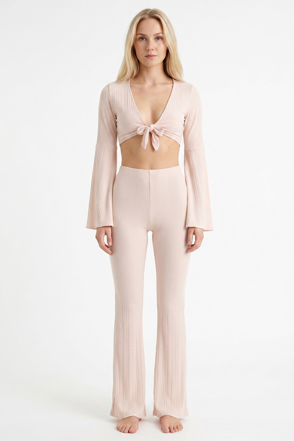 Bağlamalı Bej Dokulu Crop Top-Pantolon Takım