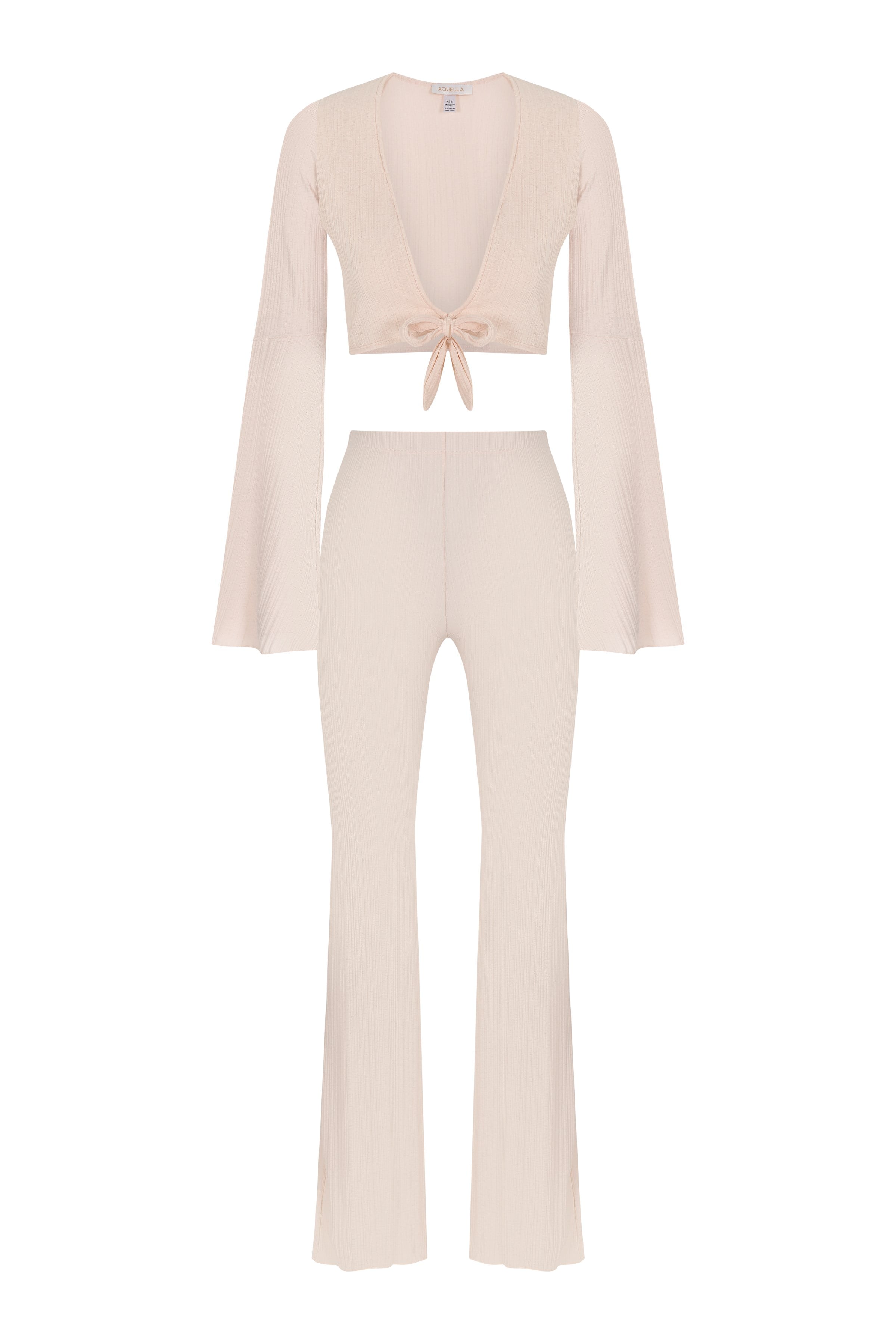 Bağlamalı Bej Dokulu Crop Top-Pantolon Takım