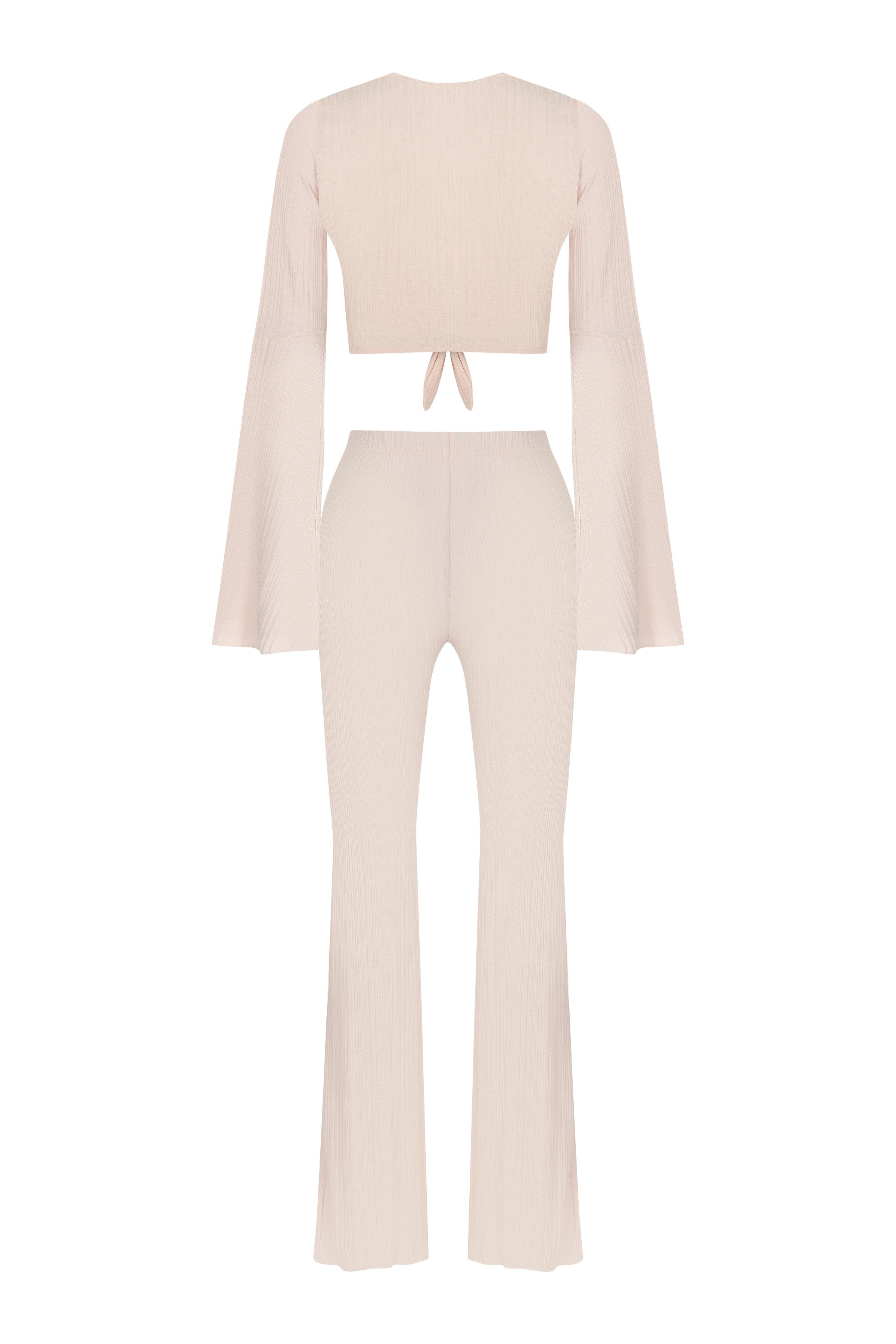 Bağlamalı Bej Dokulu Crop Top-Pantolon Takım