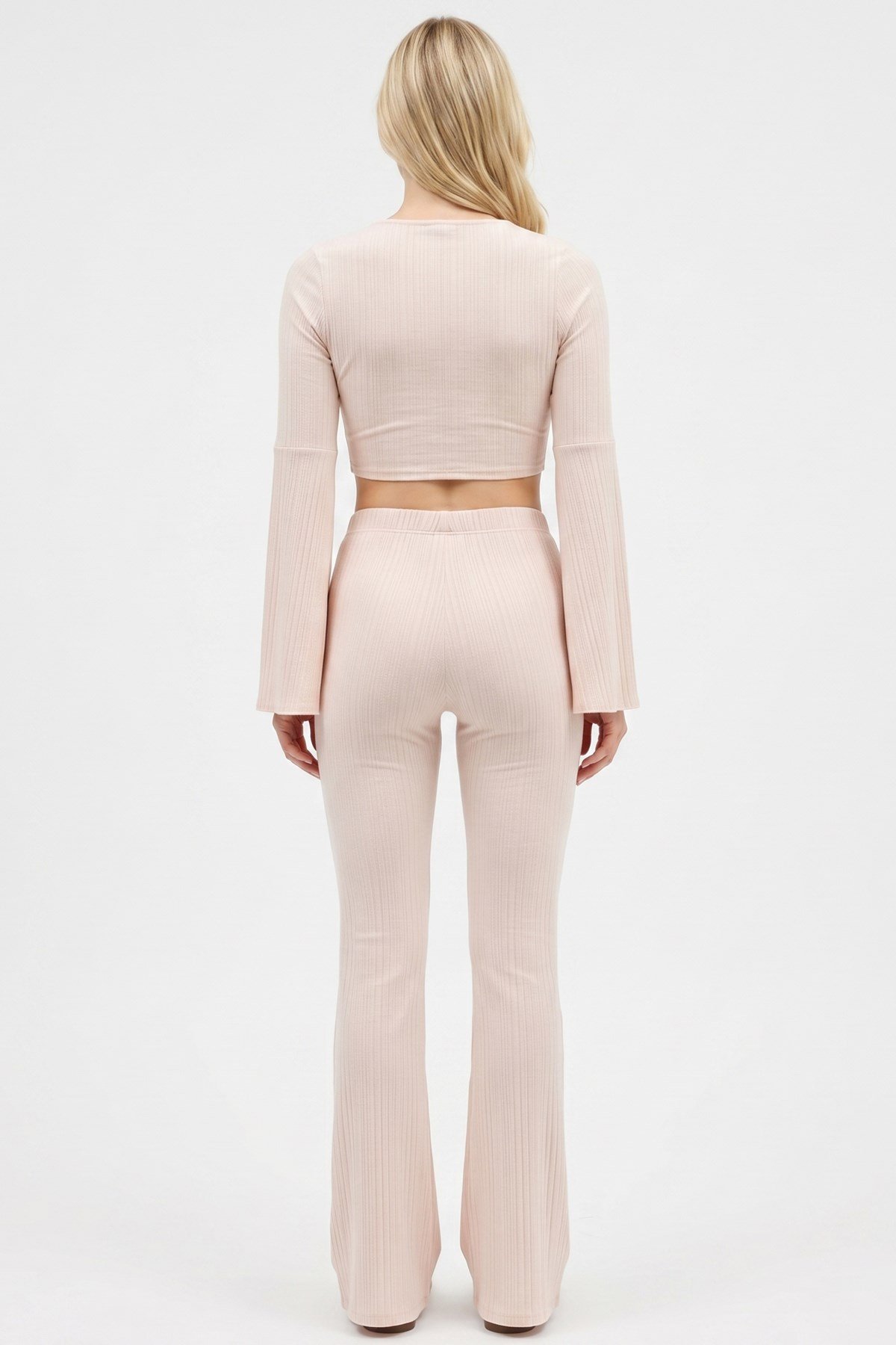 Bağlamalı Bej Dokulu Crop Top-Pantolon Takım
