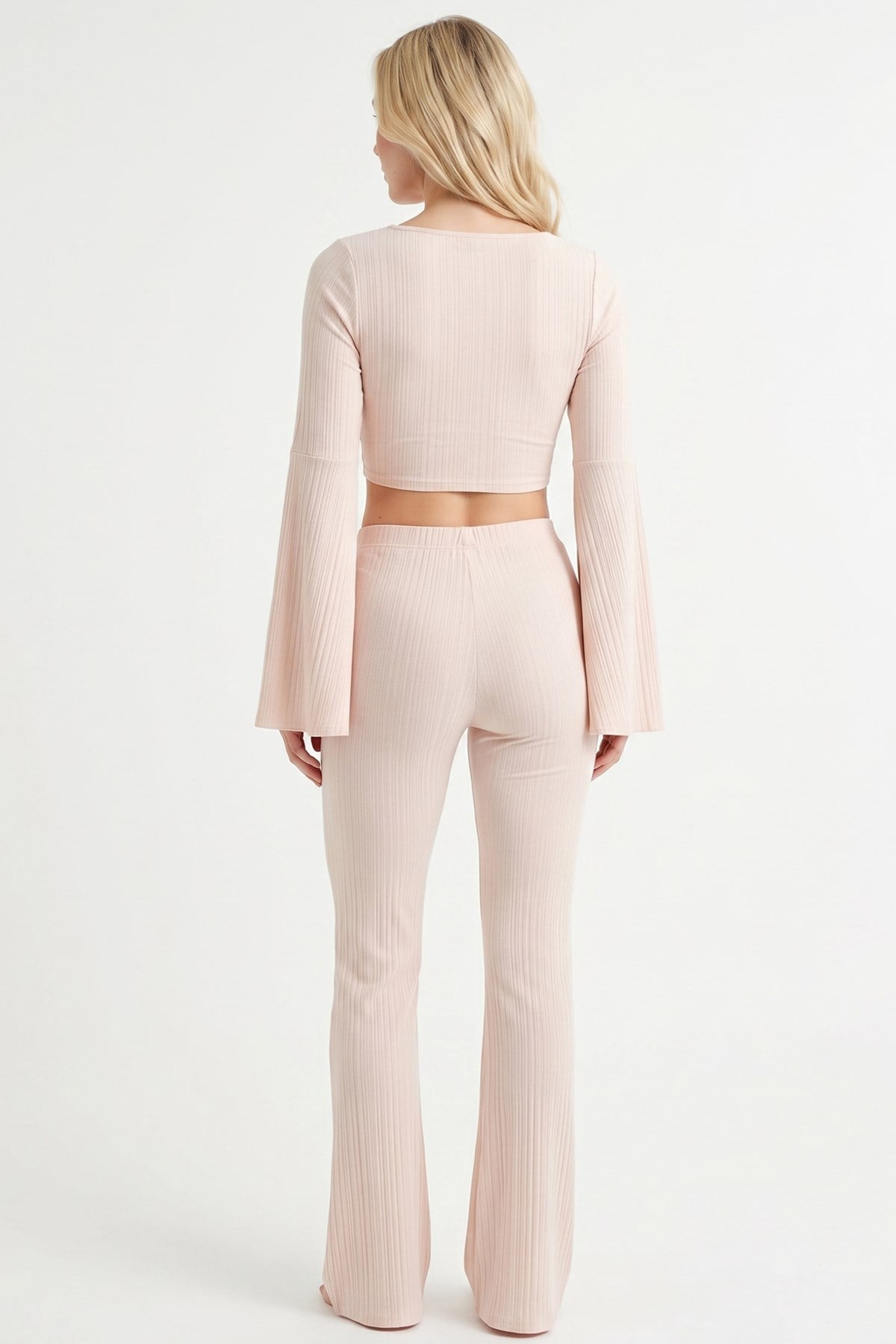 Bağlamalı Bej Dokulu Crop Top-Pantolon Takım