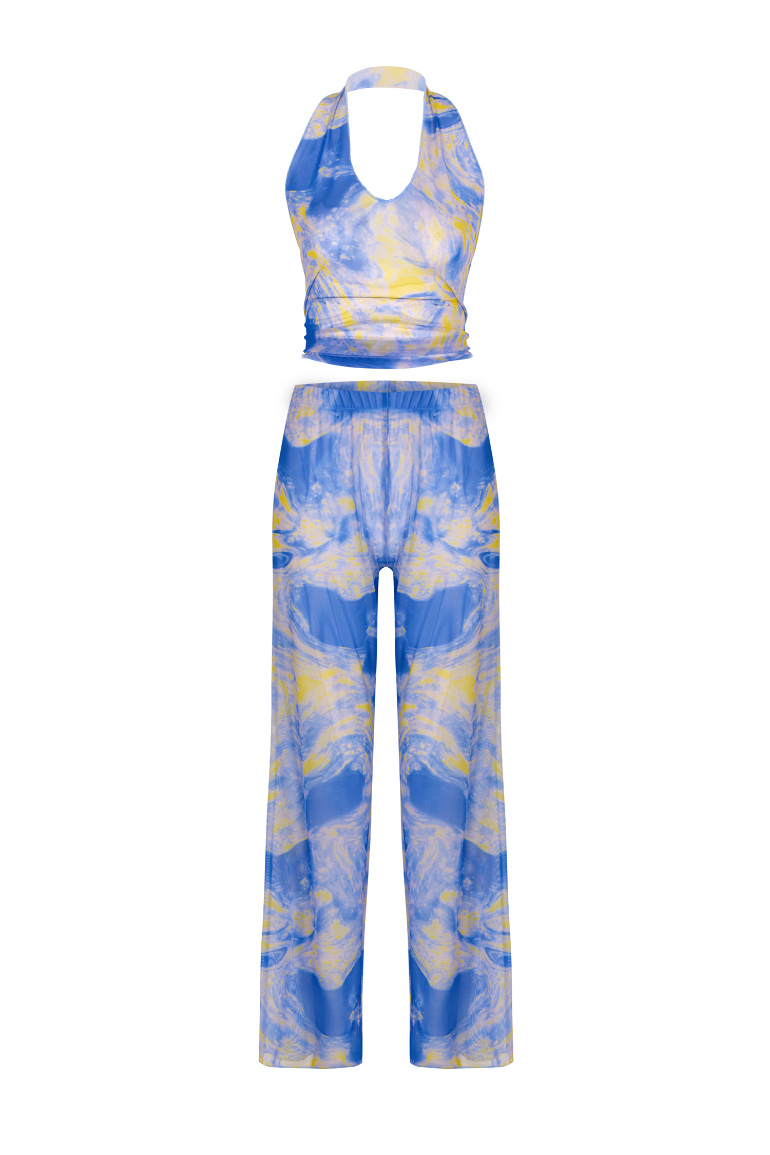 Desenli Tül Crop Top-Pantolon Takım