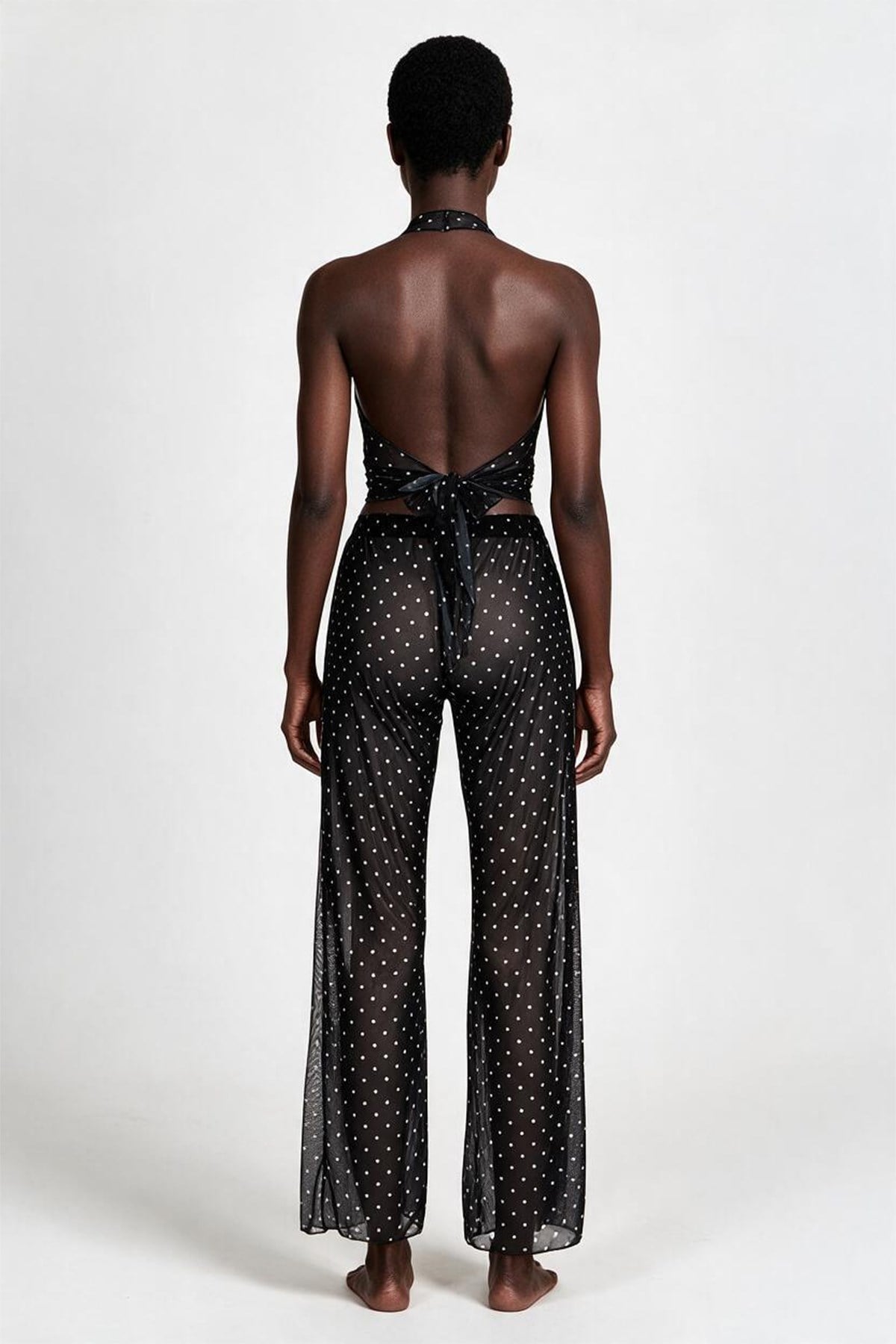Desenli Tül Crop Top-Pantolon Takım