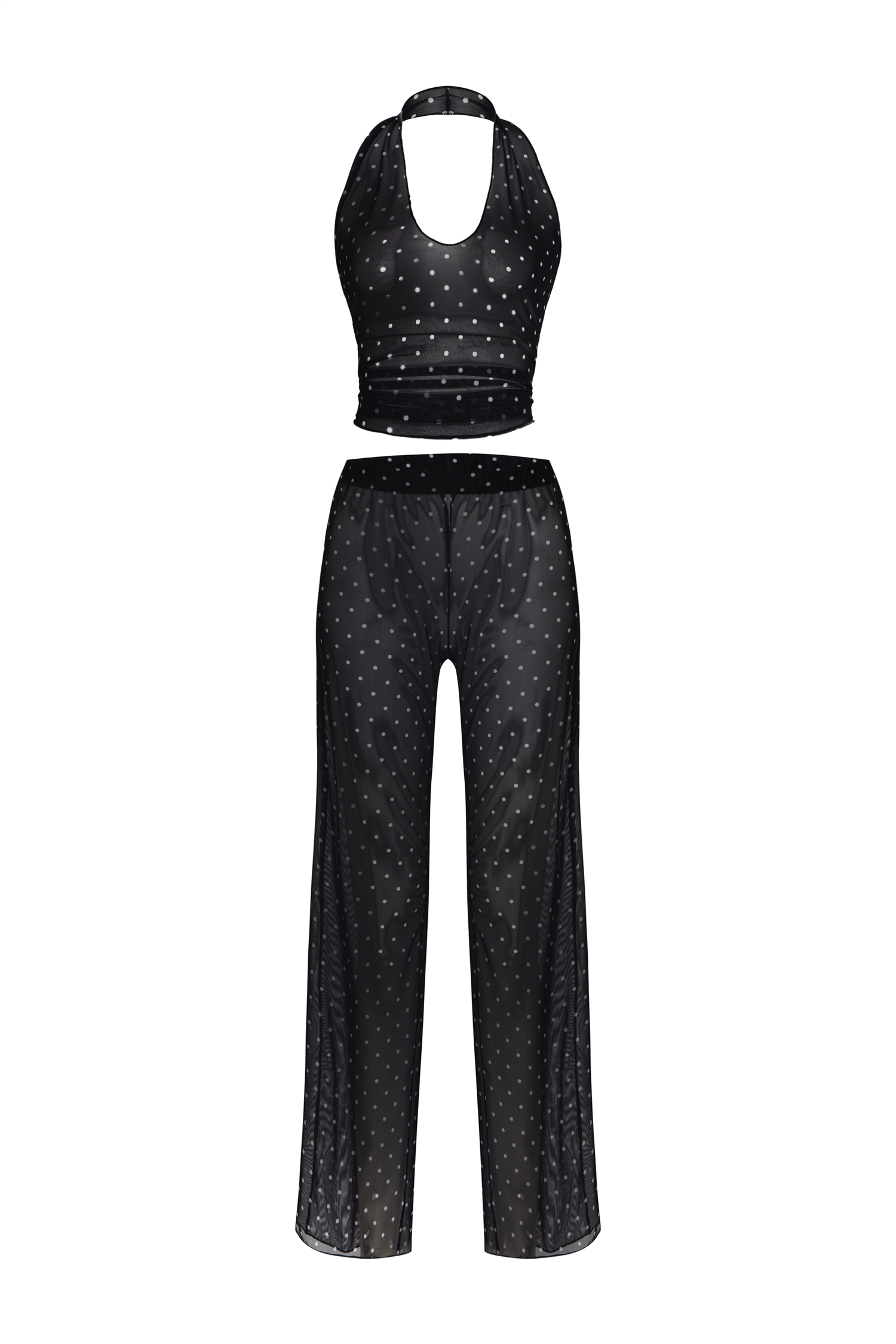 Desenli Tül Crop Top-Pantolon Takım