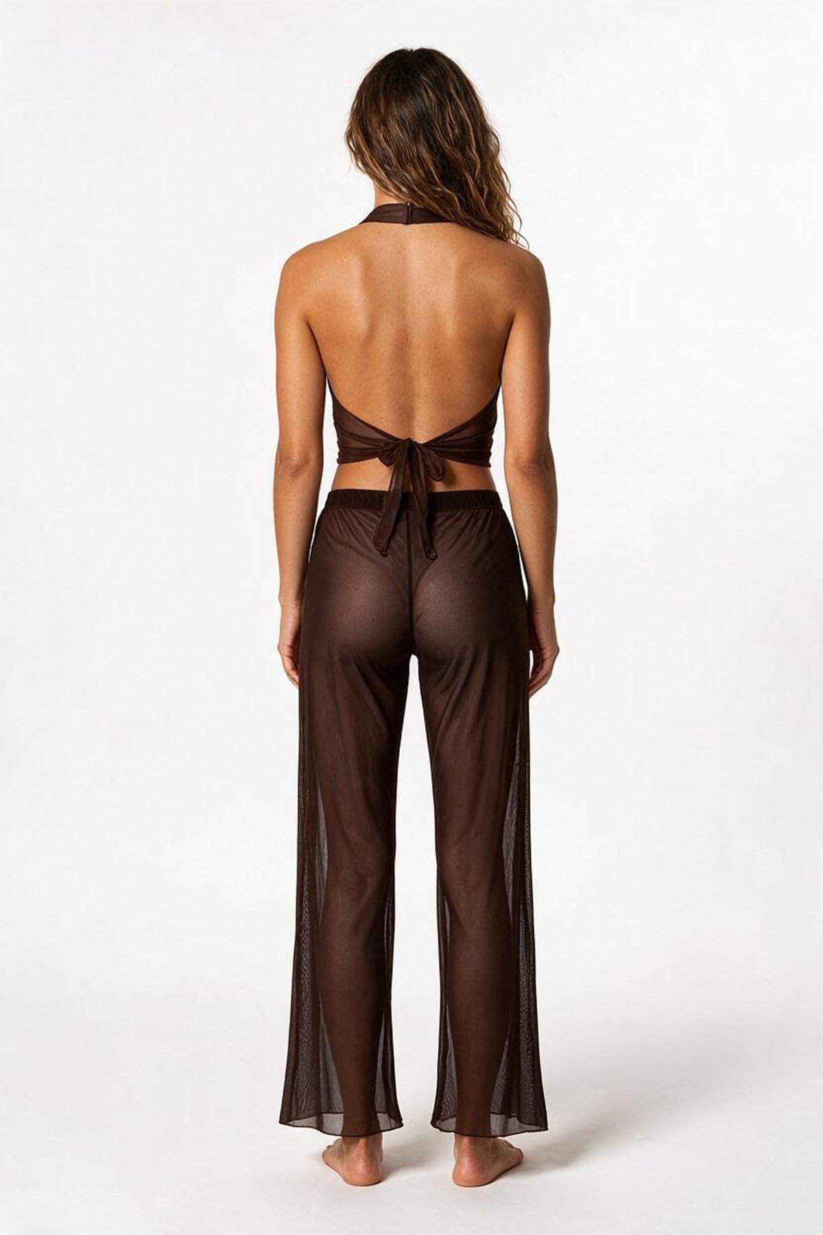Desenli Tül Crop Top-Pantolon Takım