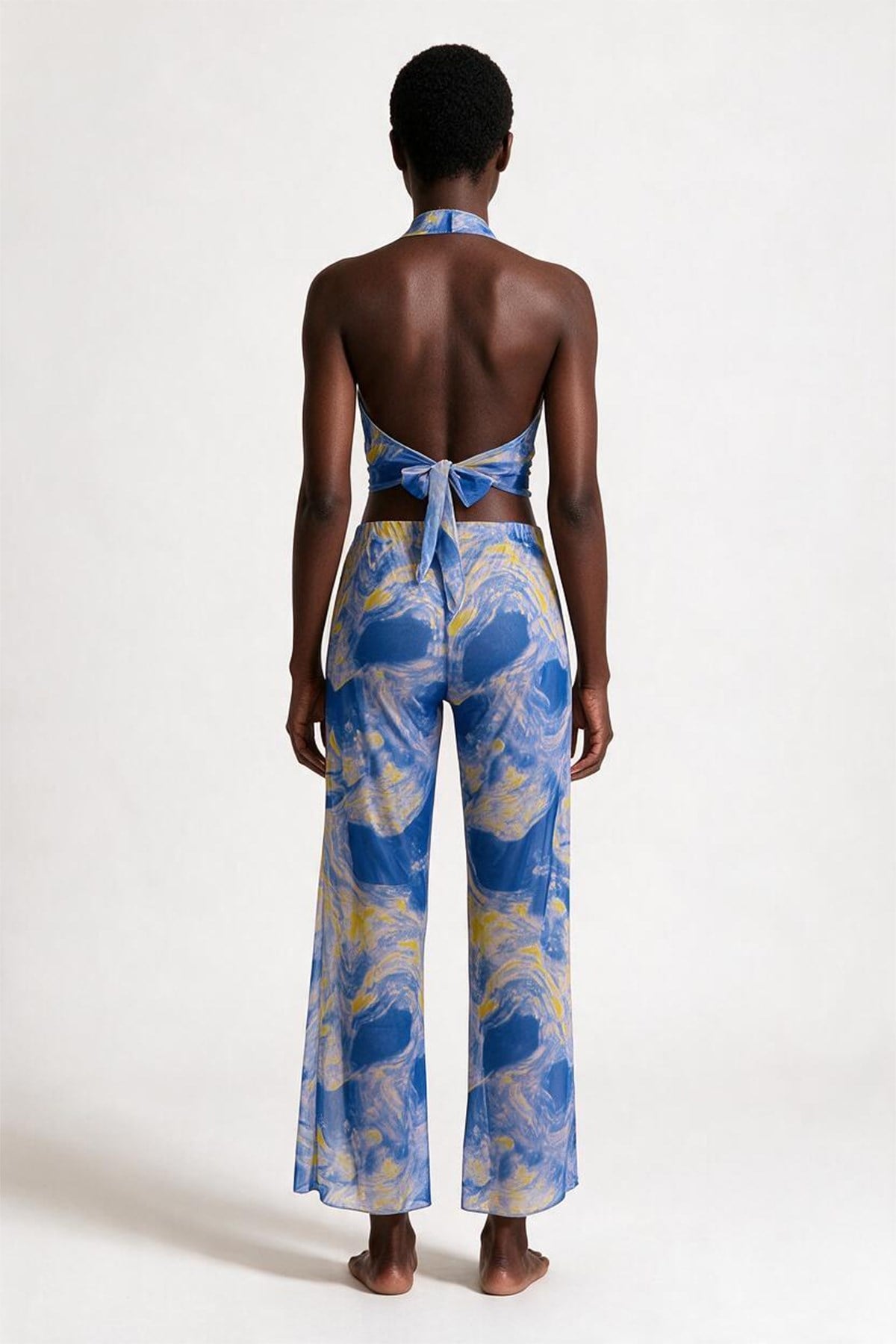 Desenli Tül Crop Top-Pantolon Takım