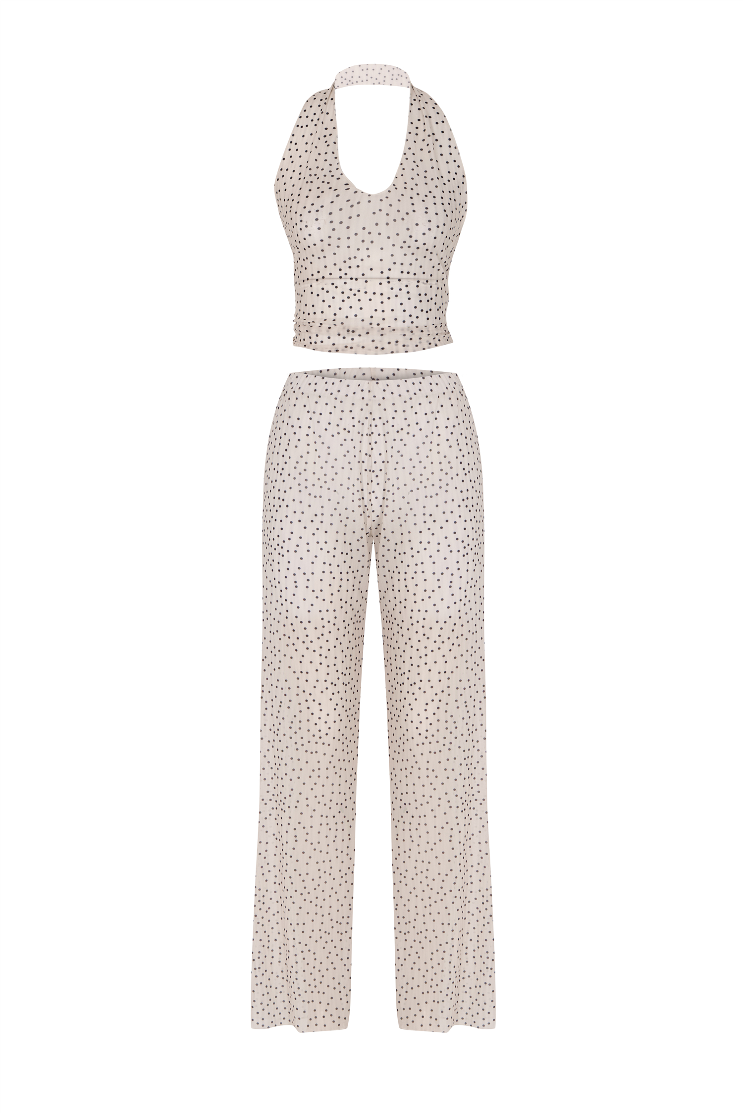 Desenli Tül Crop Top-Pantolon Takım