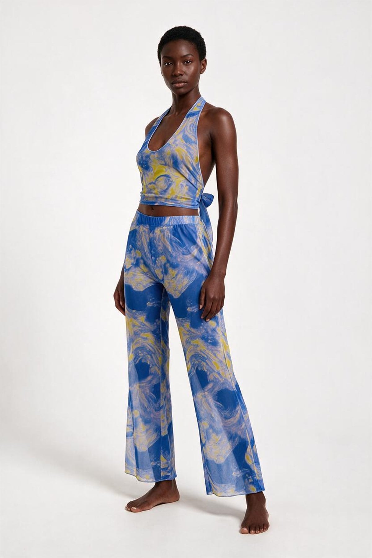 Desenli Tül Crop Top-Pantolon Takım