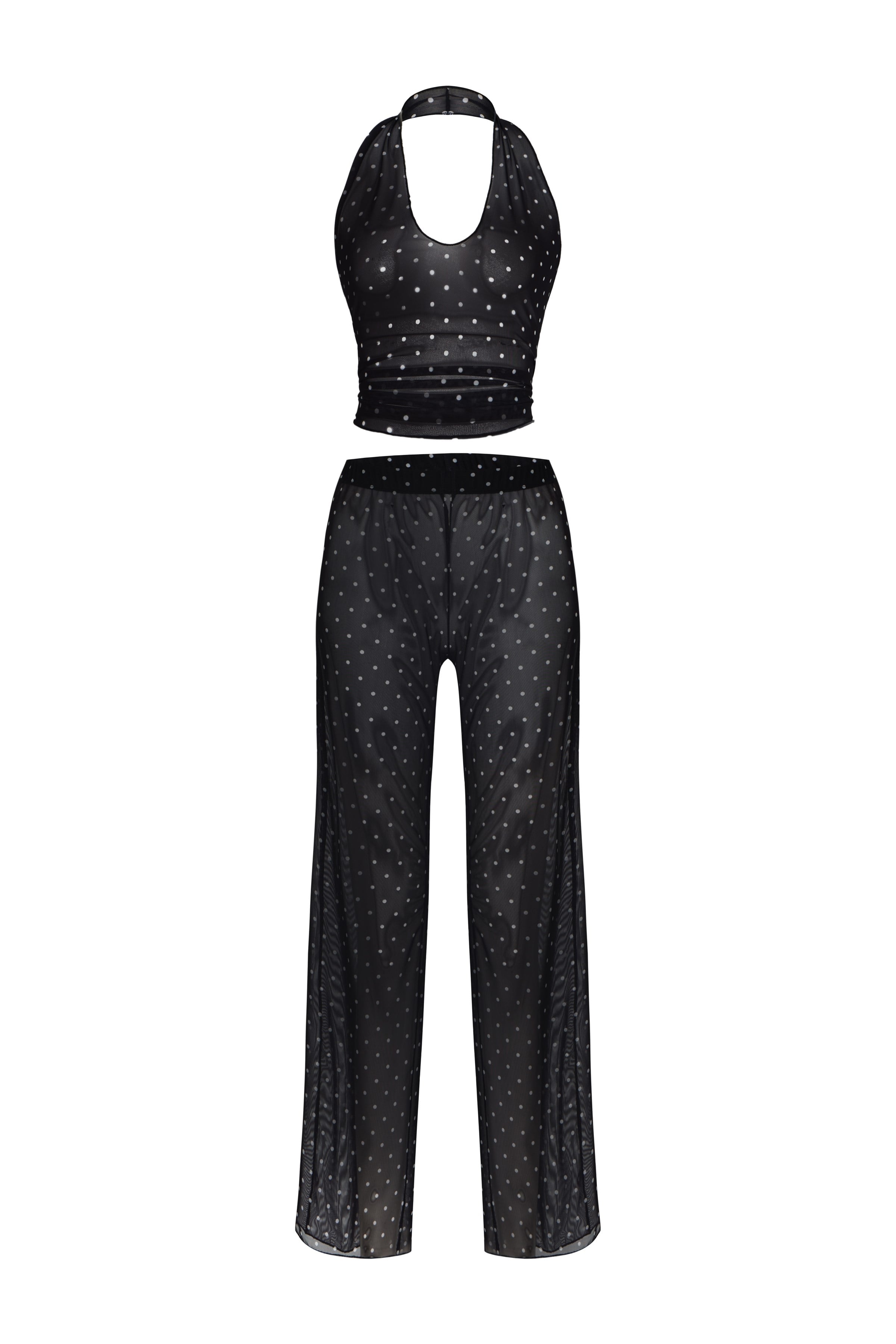 Desenli Tül Crop Top-Pantolon Takım
