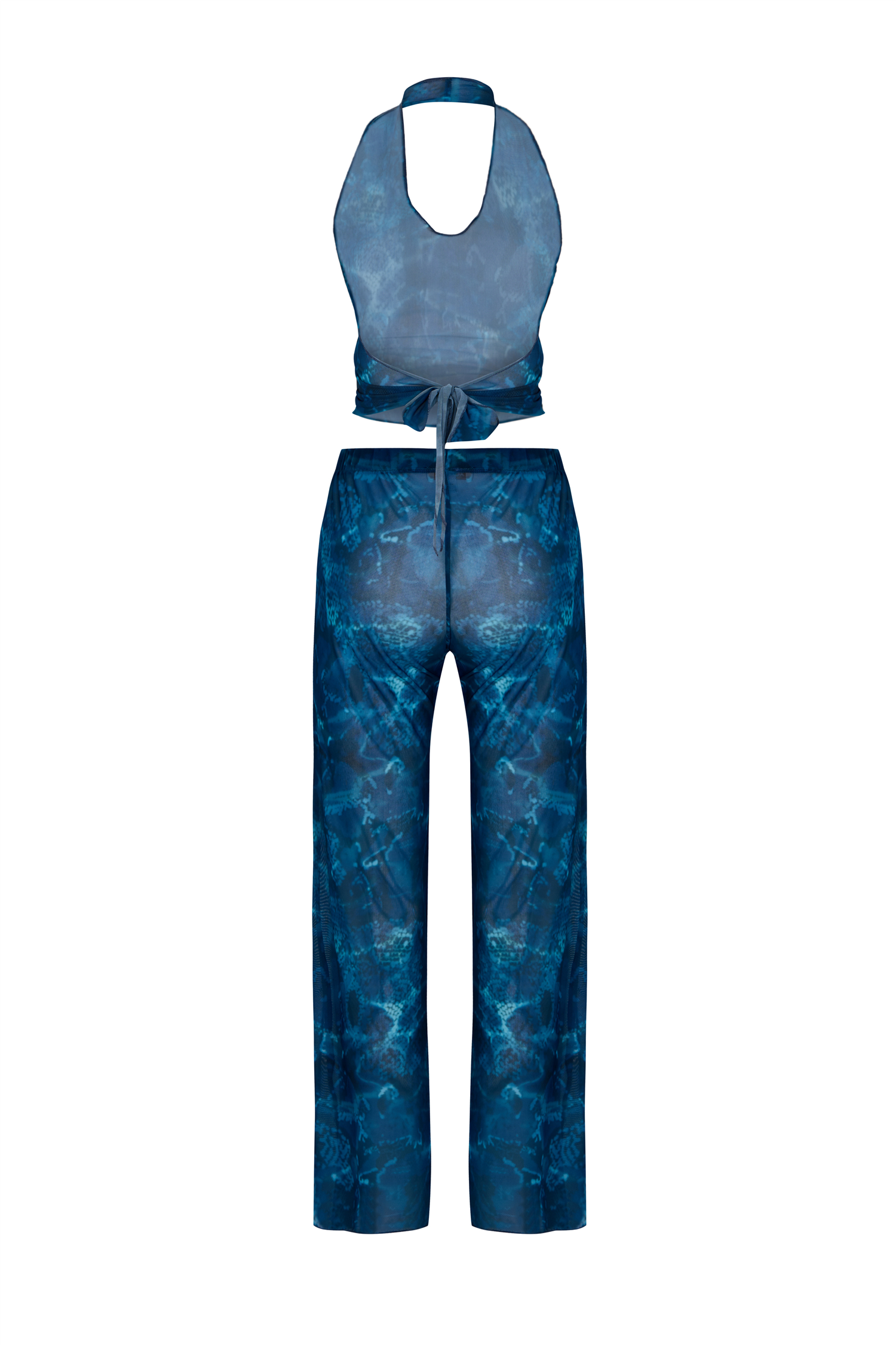 Desenli Tül Crop Top-Pantolon Takım