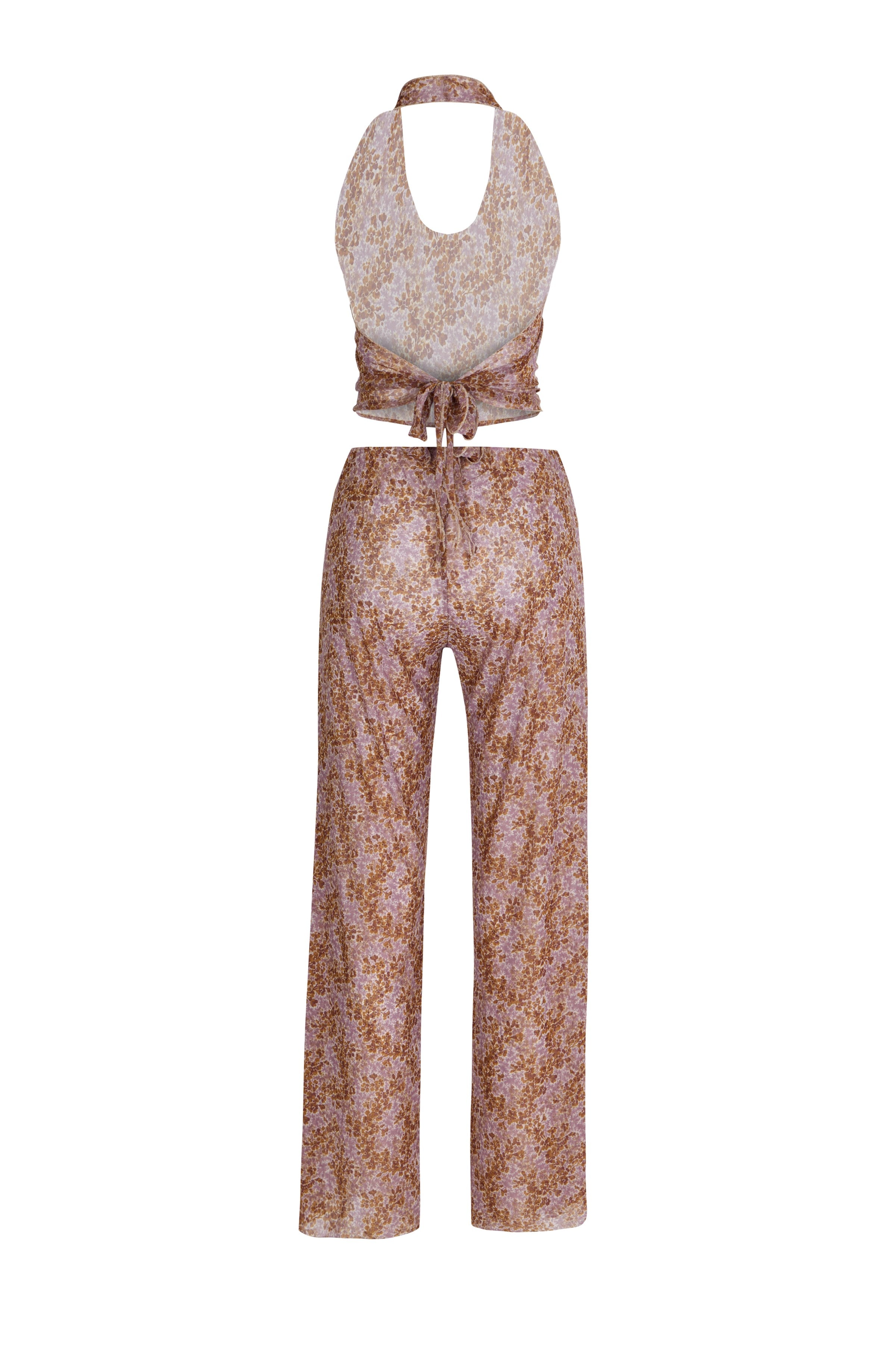 Desenli Tül Crop Top-Pantolon Takım
