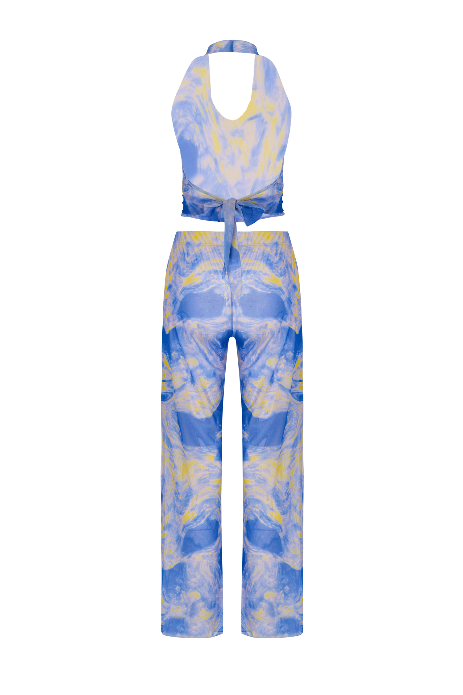 Desenli Tül Crop Top-Pantolon Takım