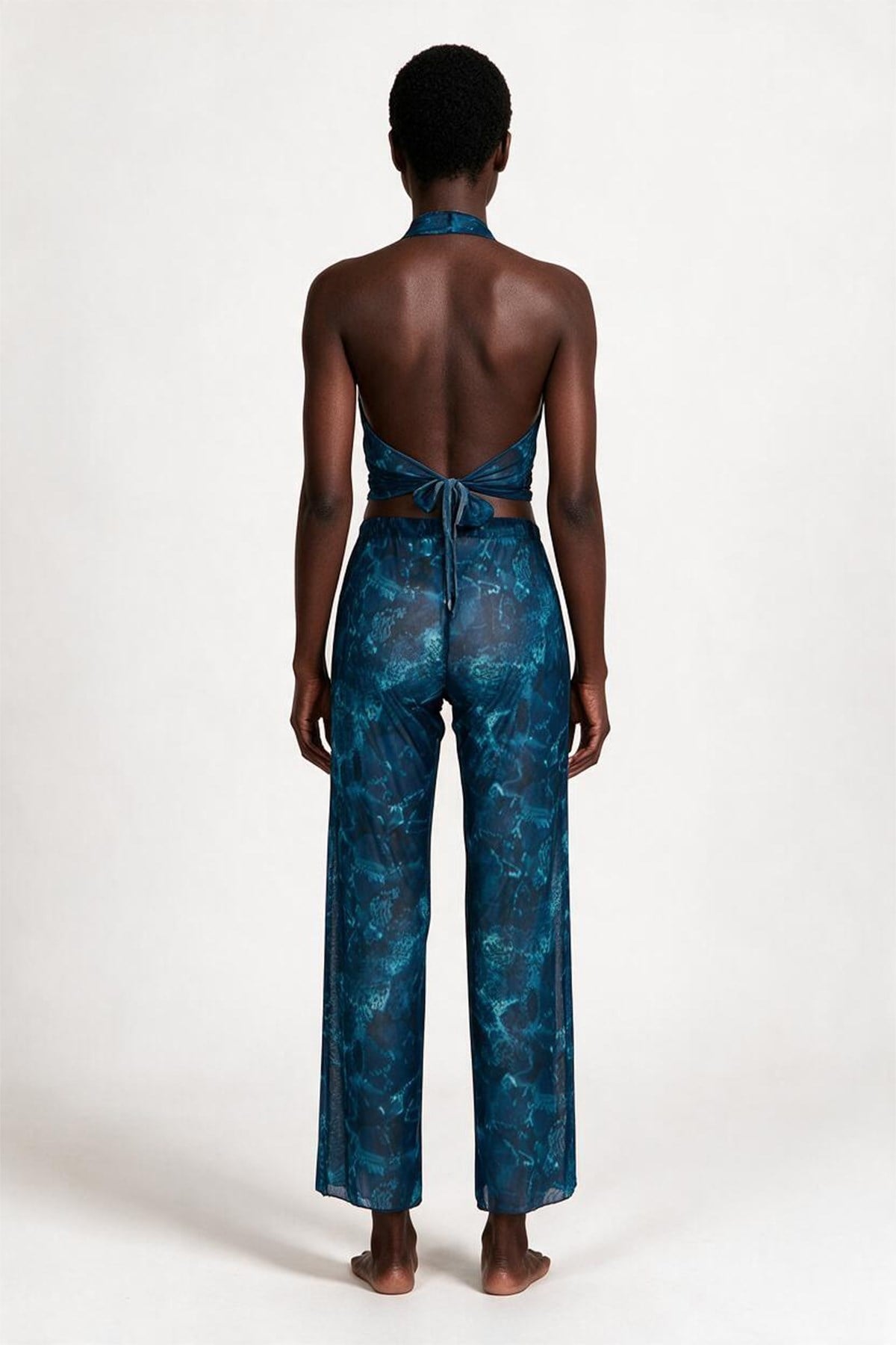 Desenli Tül Crop Top-Pantolon Takım