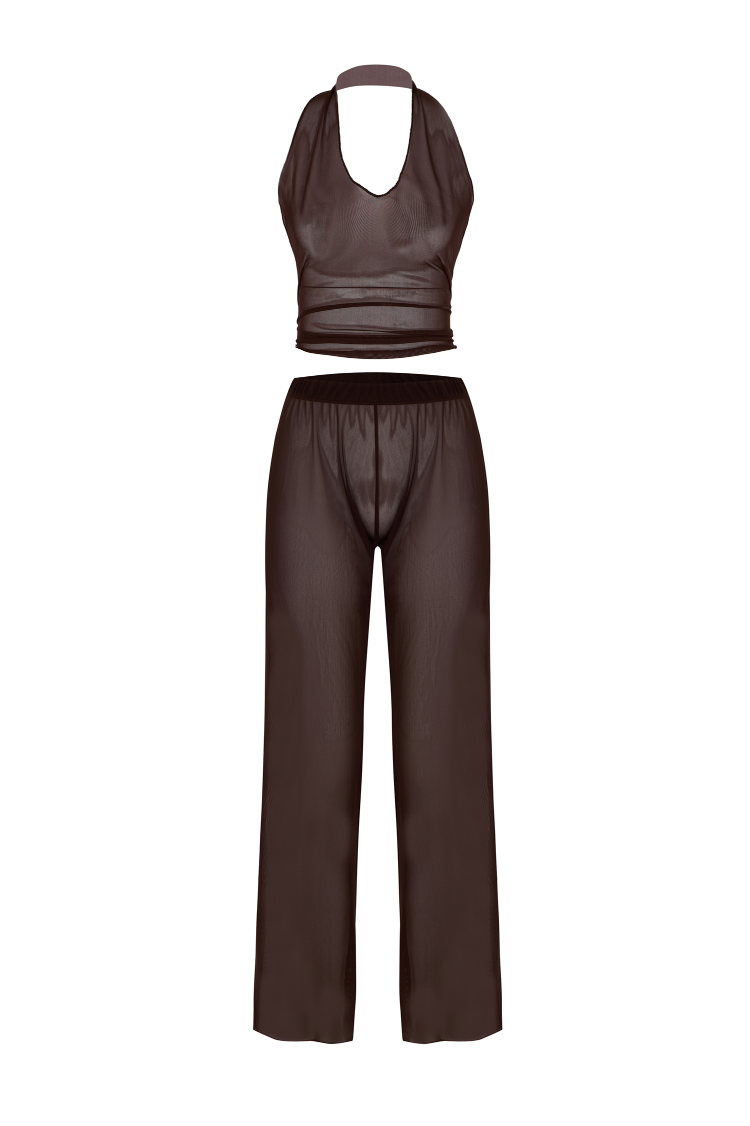 Desenli Tül Crop Top-Pantolon Takım