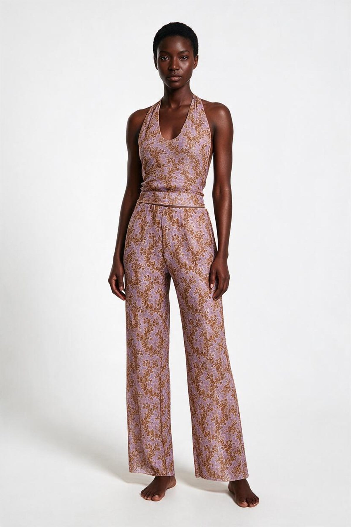 Desenli Tül Crop Top-Pantolon Takım