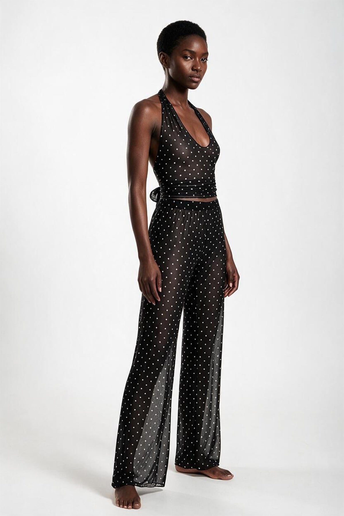 Desenli Tül Crop Top-Pantolon Takım