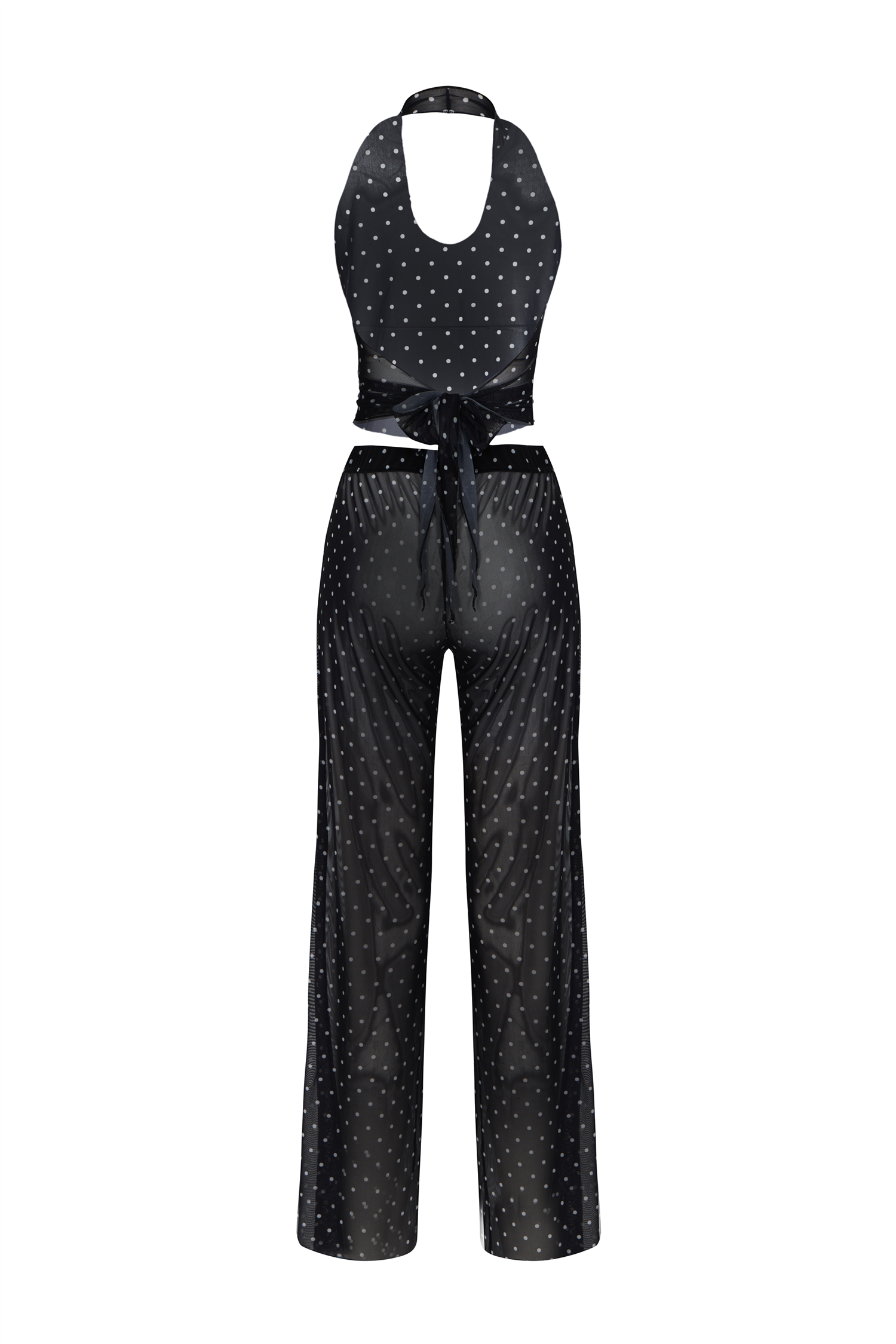 Desenli Tül Crop Top-Pantolon Takım