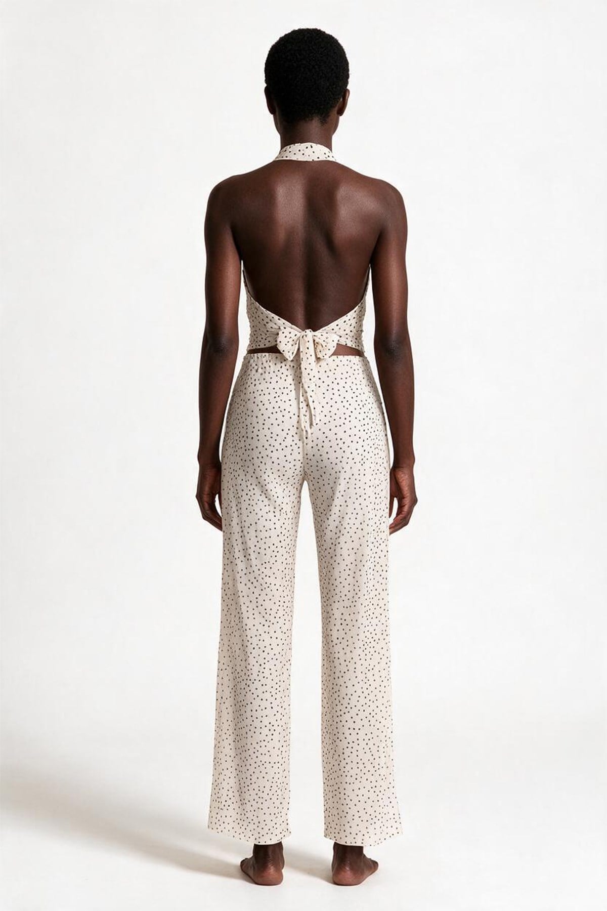 Desenli Tül Crop Top-Pantolon Takım