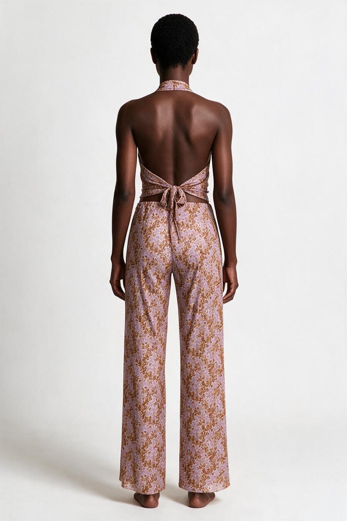 Desenli Tül Crop Top-Pantolon Takım