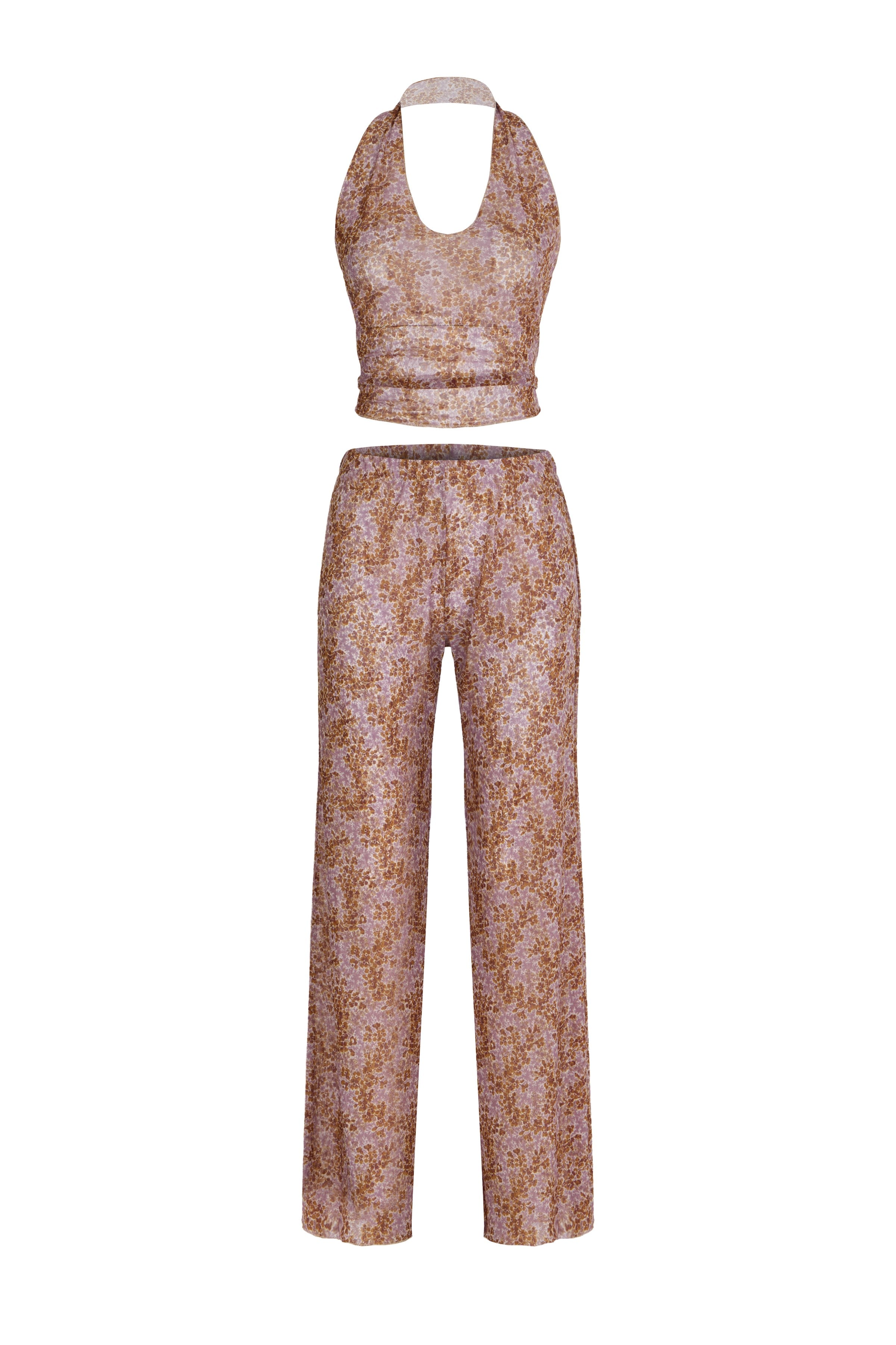 Desenli Tül Crop Top-Pantolon Takım