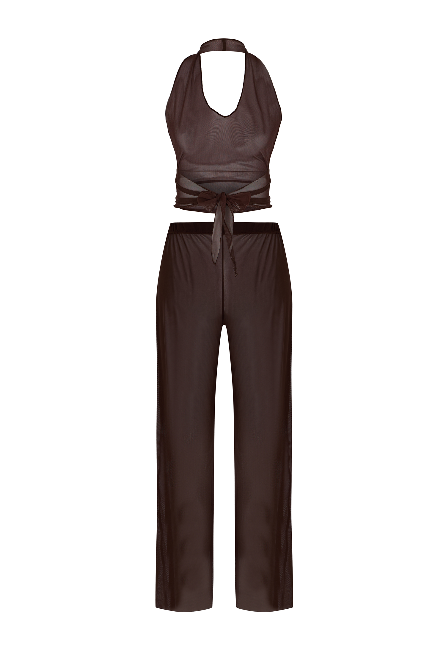 Desenli Tül Crop Top-Pantolon Takım