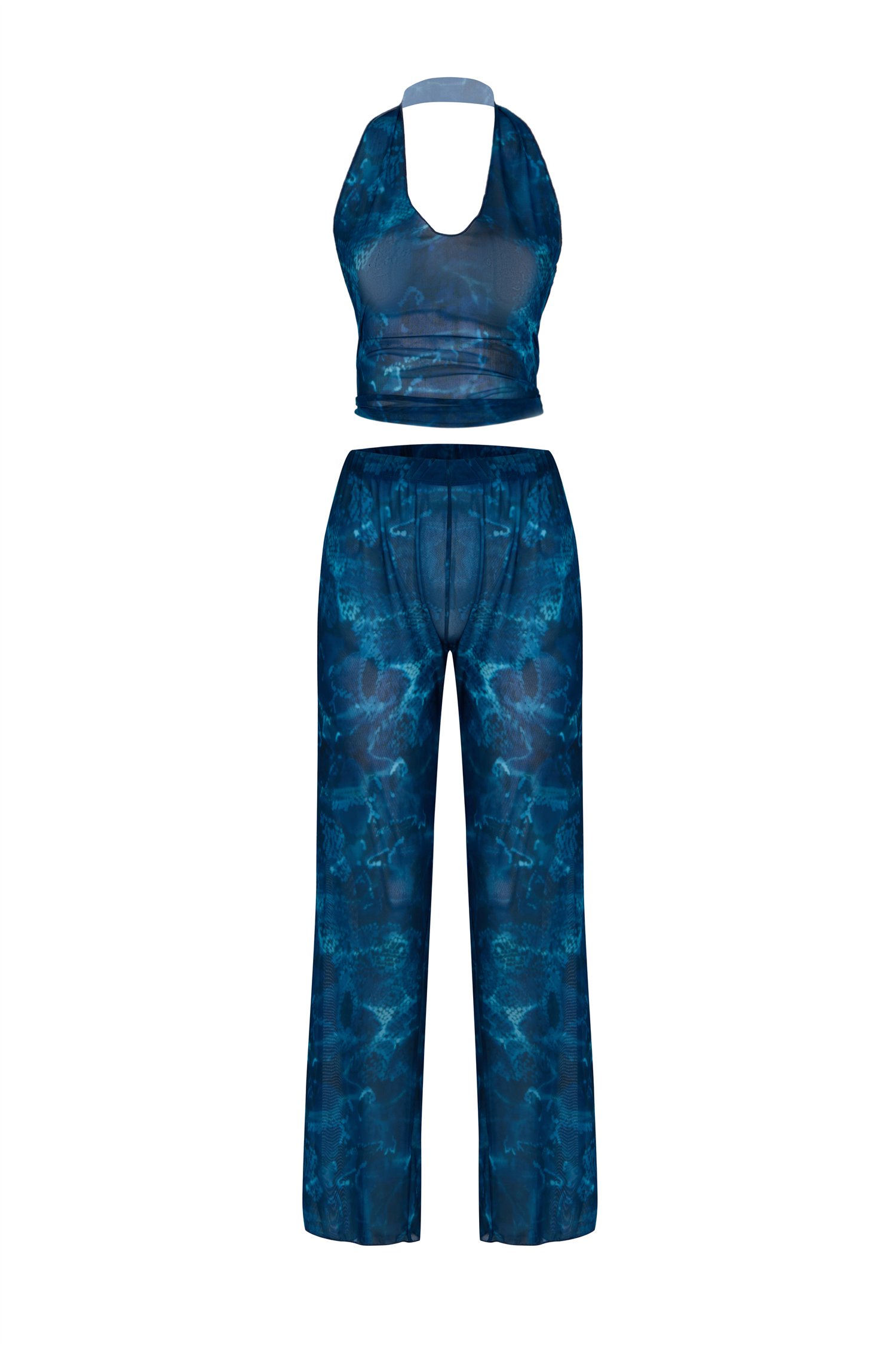 Desenli Tül Crop Top-Pantolon Takım