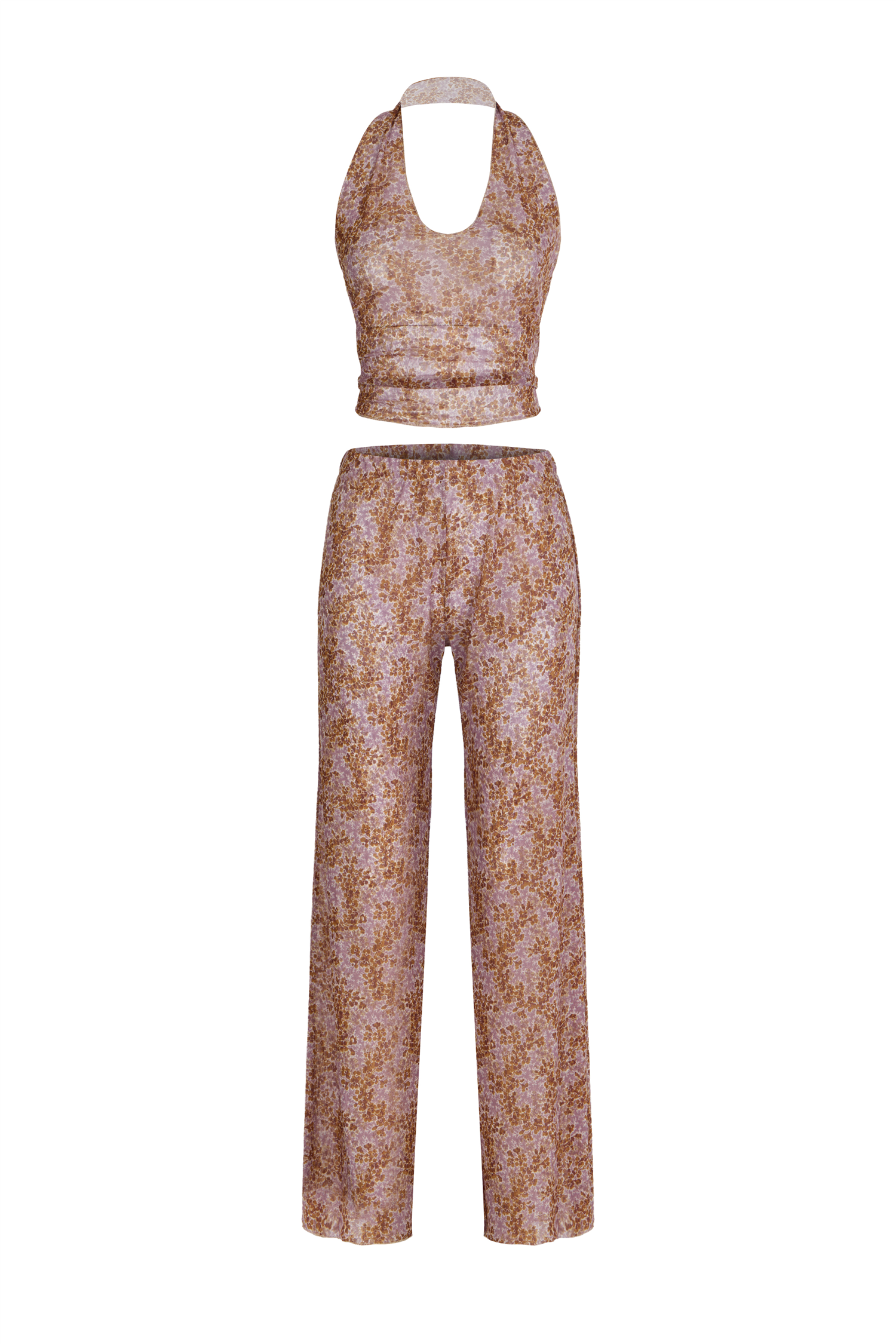 Desenli Tül Crop Top-Pantolon Takım