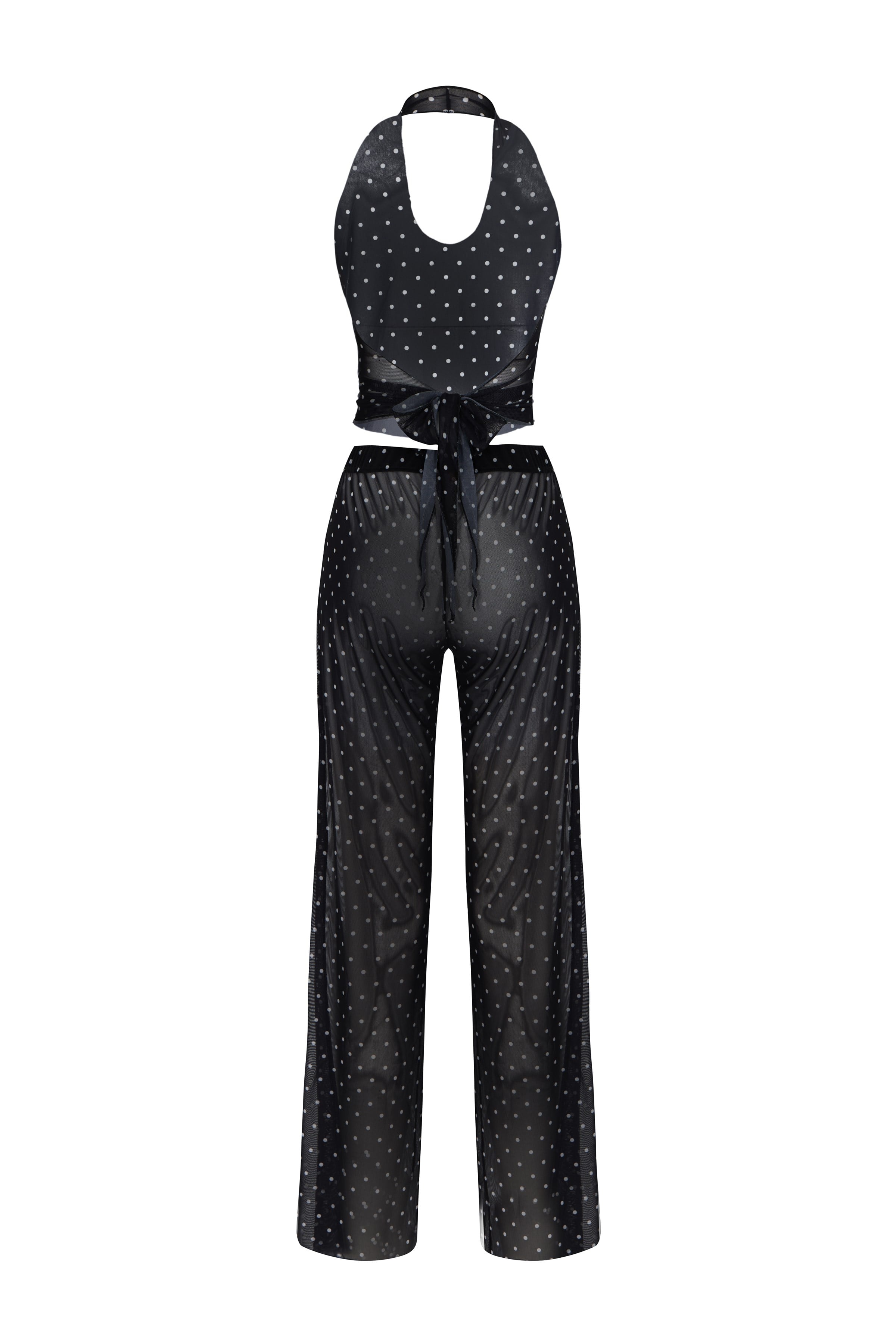 Desenli Tül Crop Top-Pantolon Takım