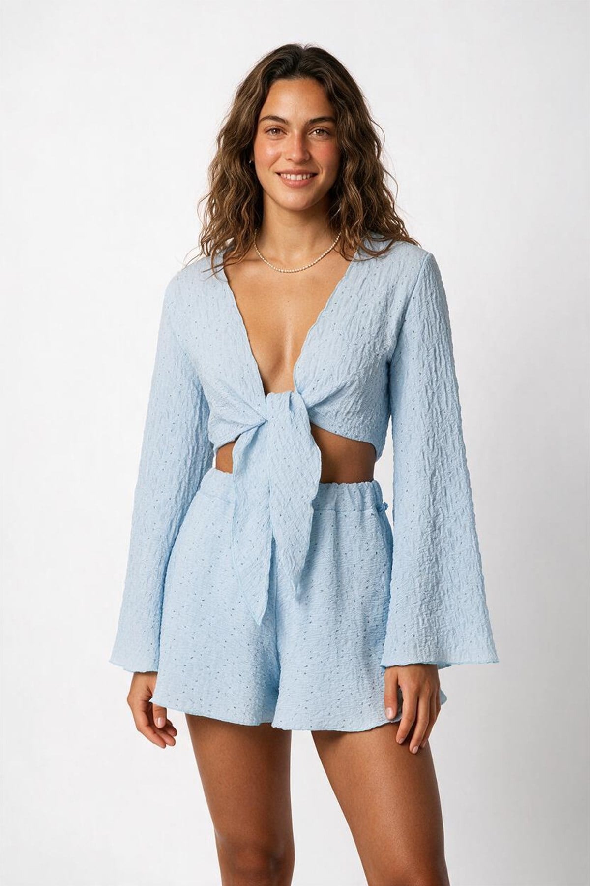 Dokulu Bebe Mavi Crop-Şort Takım