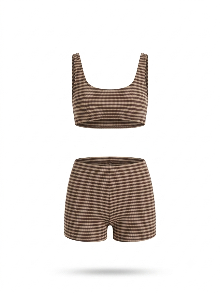 Kahve Siyah Stripe Büstiyer Şort Takım