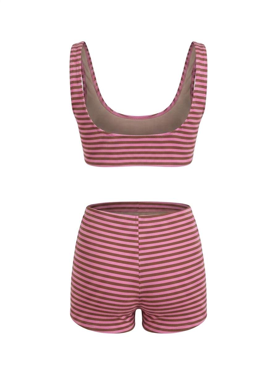 Pembe Kahve Stripe Büstiyer Şort Takım