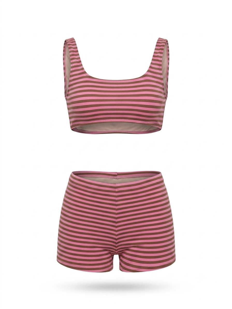 Pembe Kahve Stripe Büstiyer Şort Takım