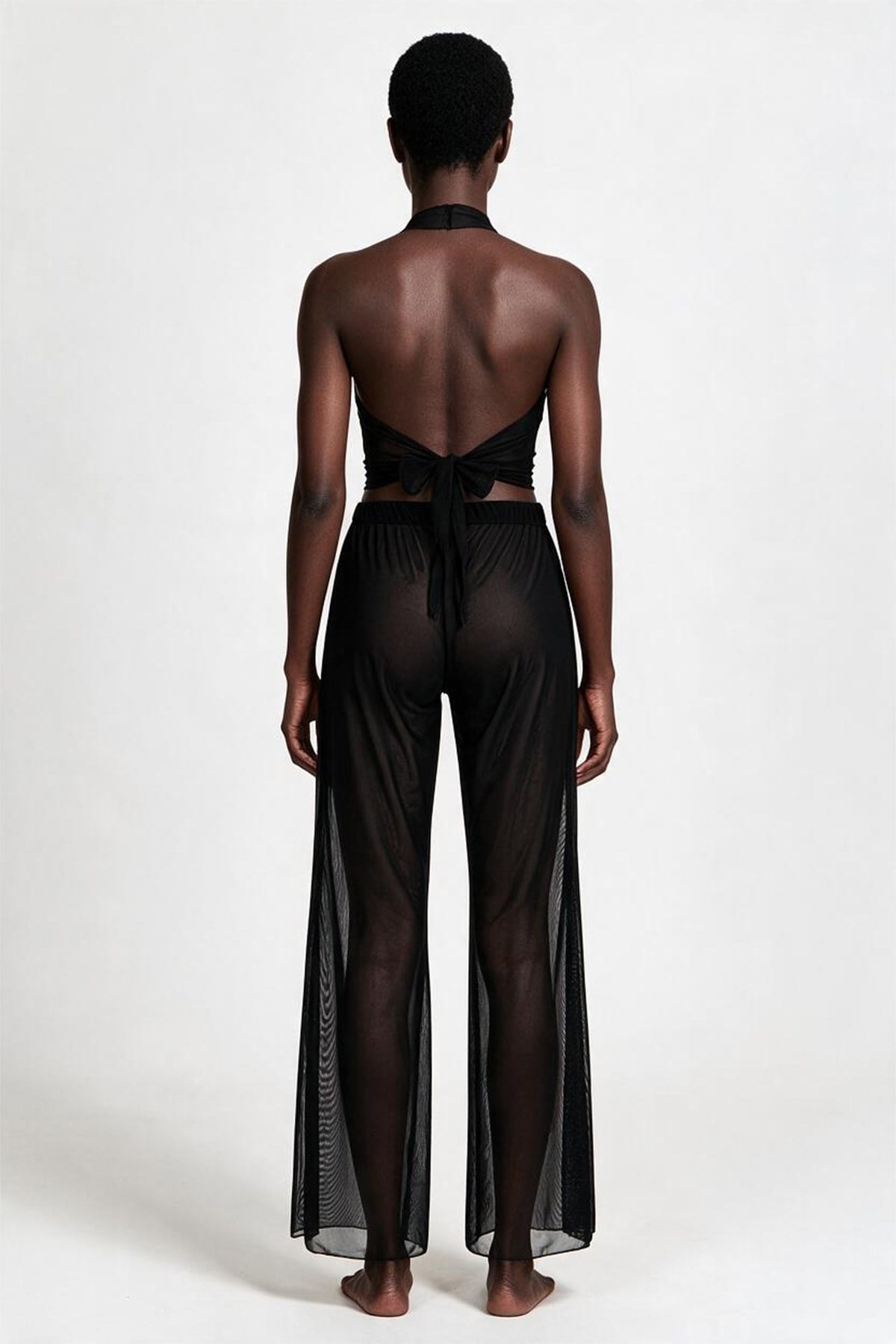 Siyah Tül Crop Top-Pantolon Takım