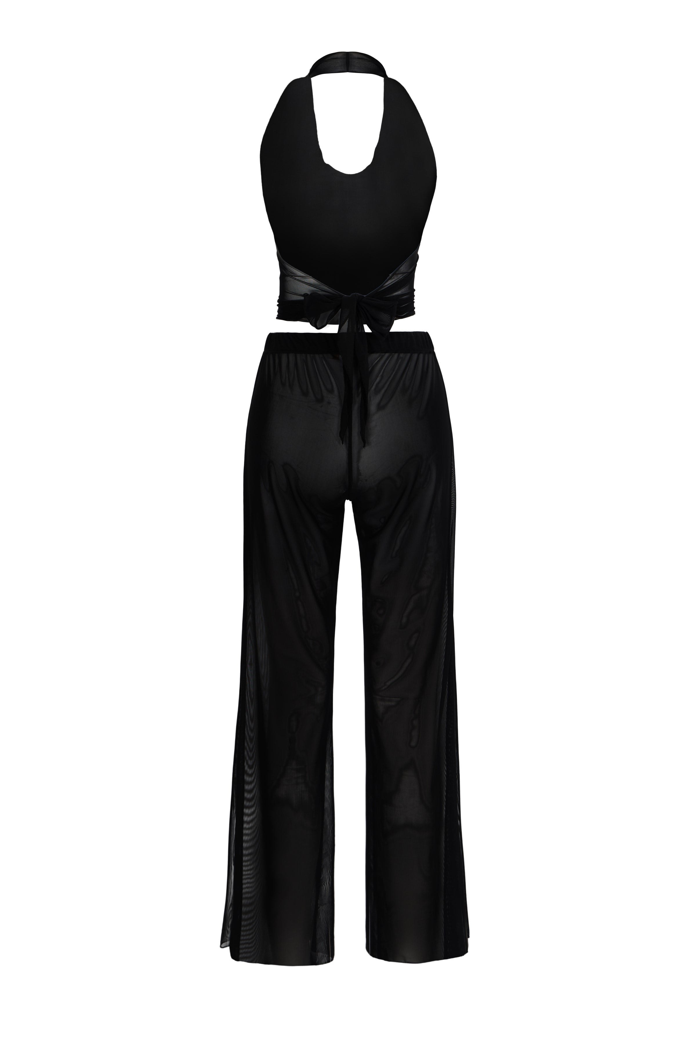 Siyah Tül Crop Top-Pantolon Takım