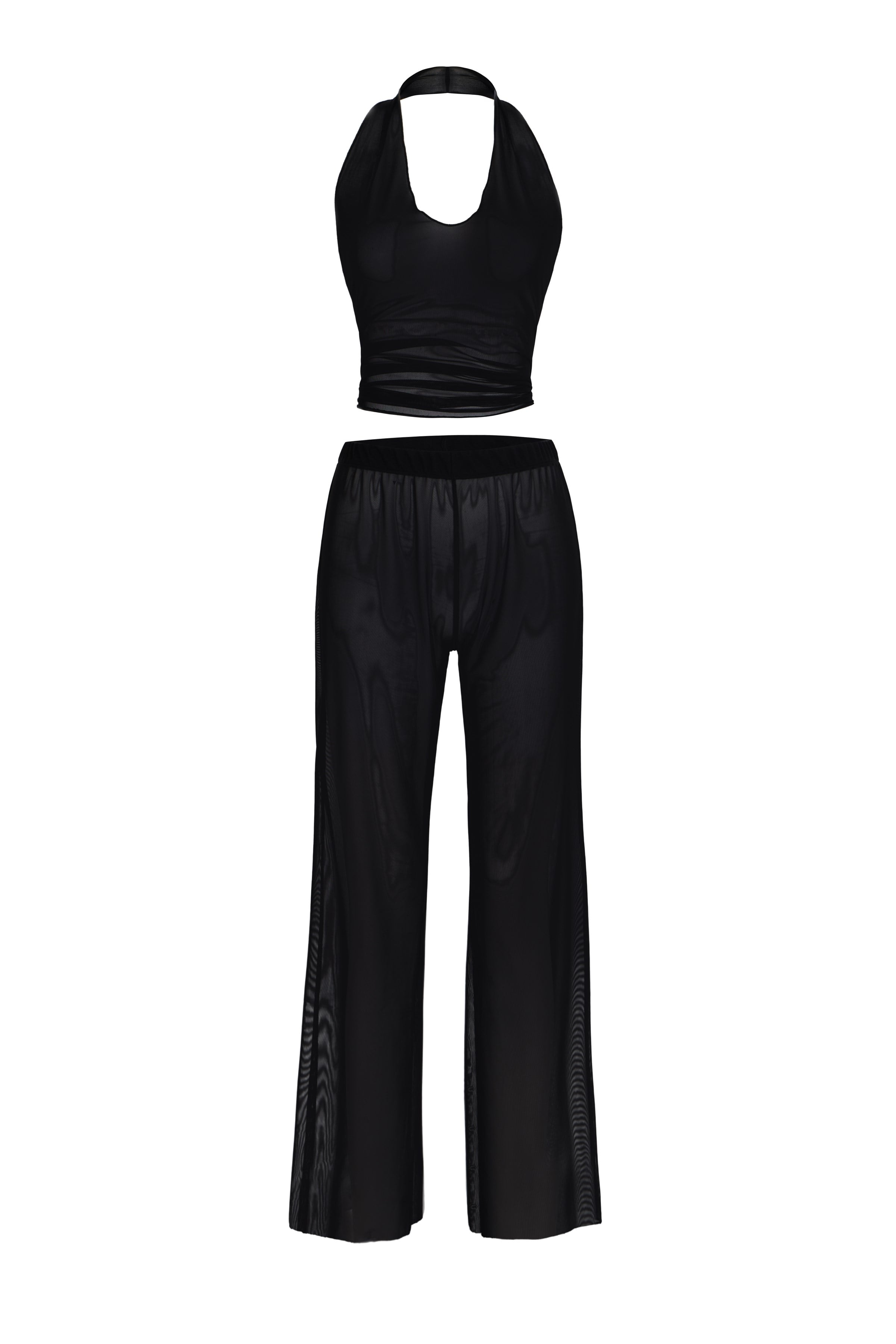 Siyah Tül Crop Top-Pantolon Takım