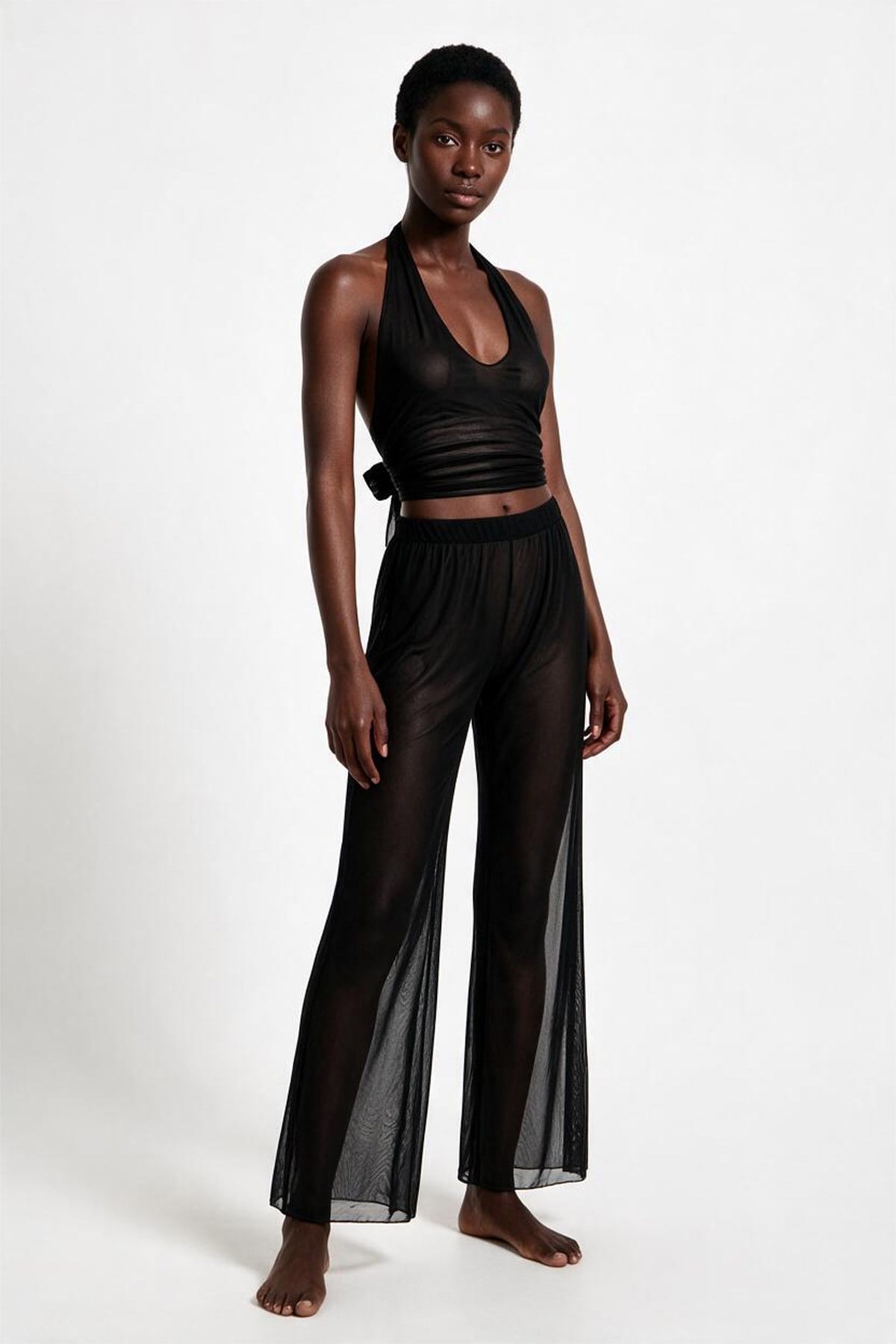Siyah Tül Crop Top-Pantolon Takım