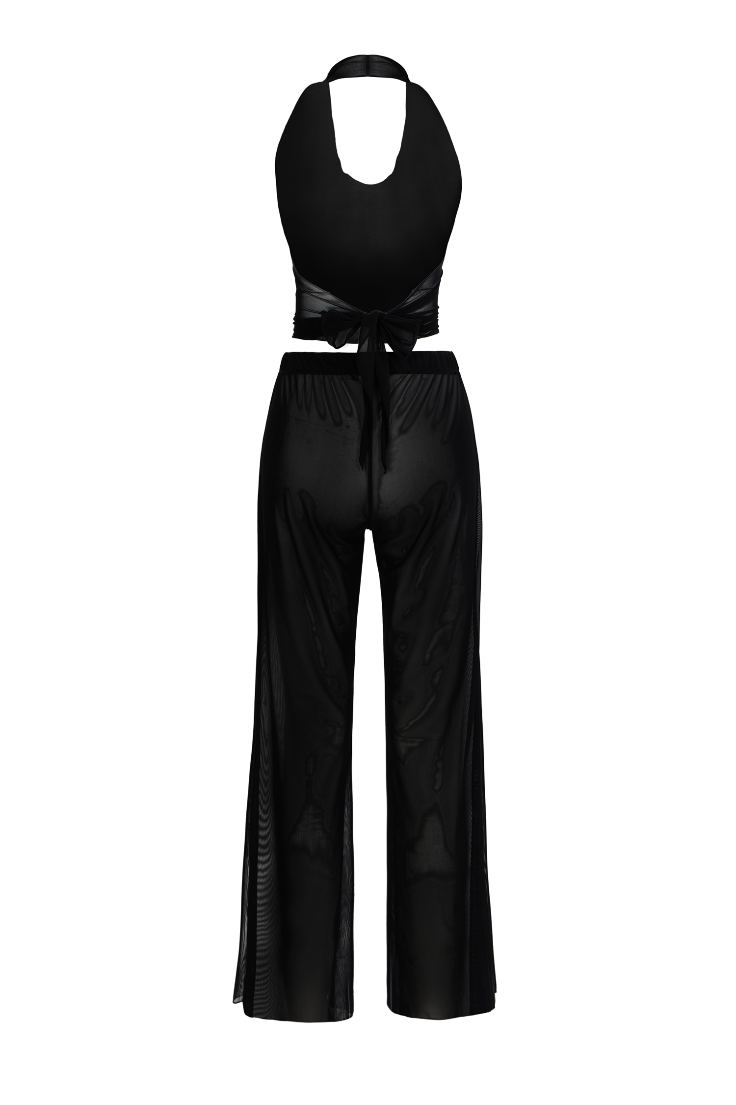 Siyah Tül Crop Top-Pantolon Takım