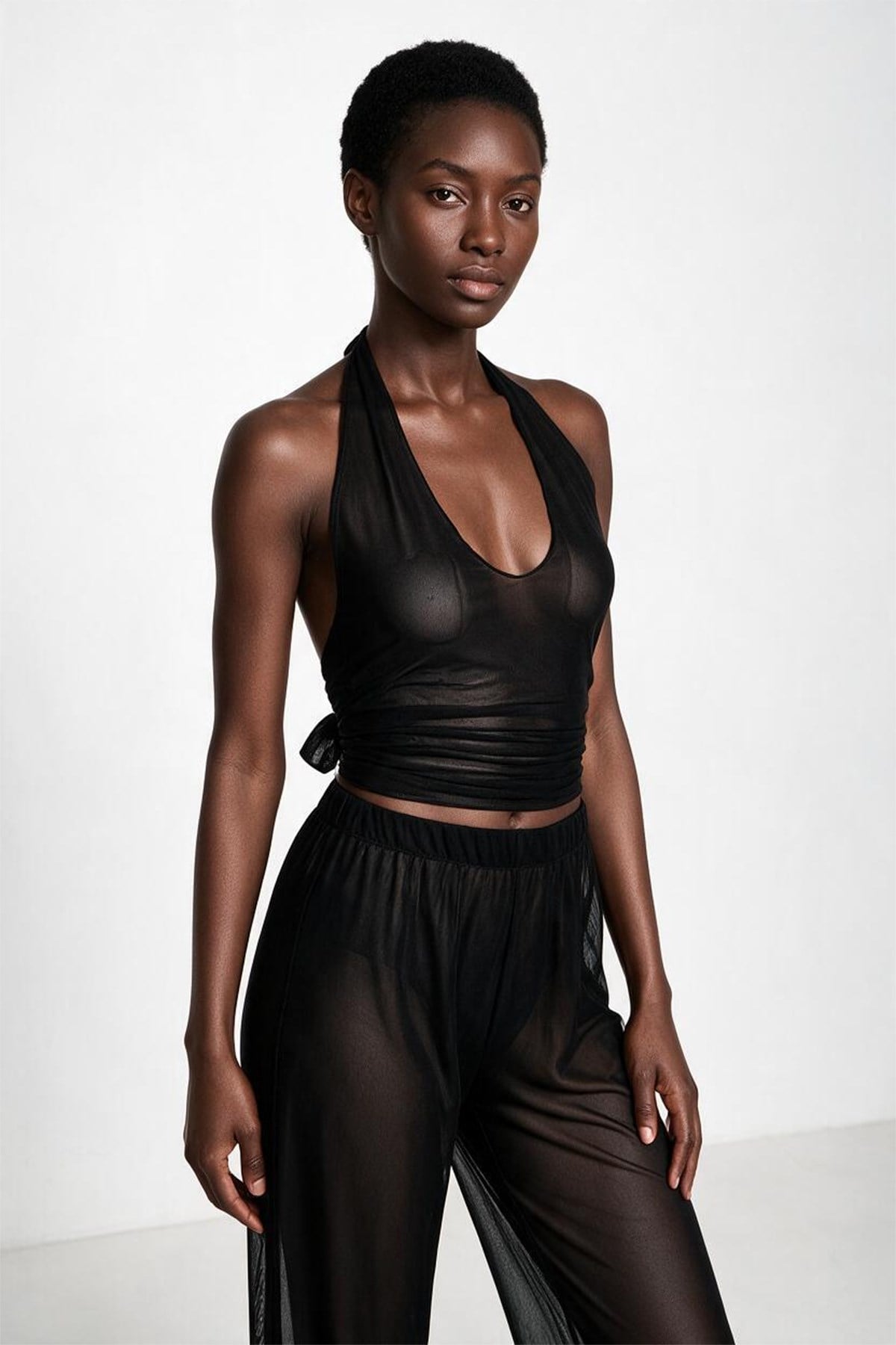 Siyah Tül Crop Top-Pantolon Takım