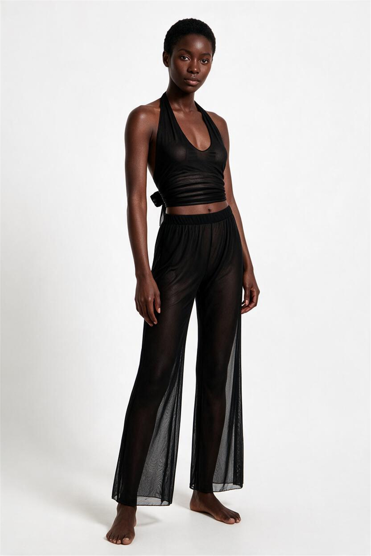 Siyah Tül Crop Top-Pantolon Takım