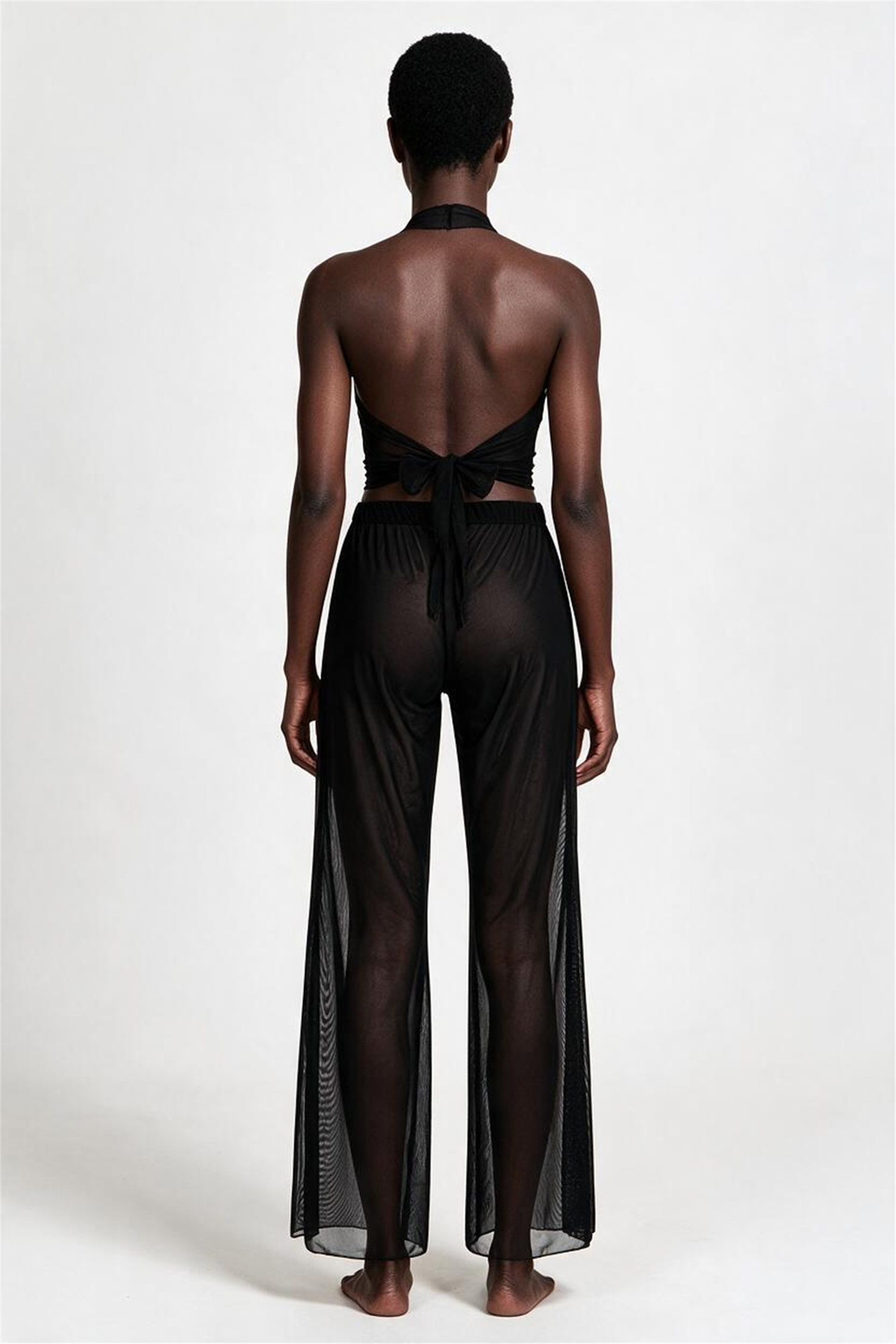 Siyah Tül Crop Top-Pantolon Takım