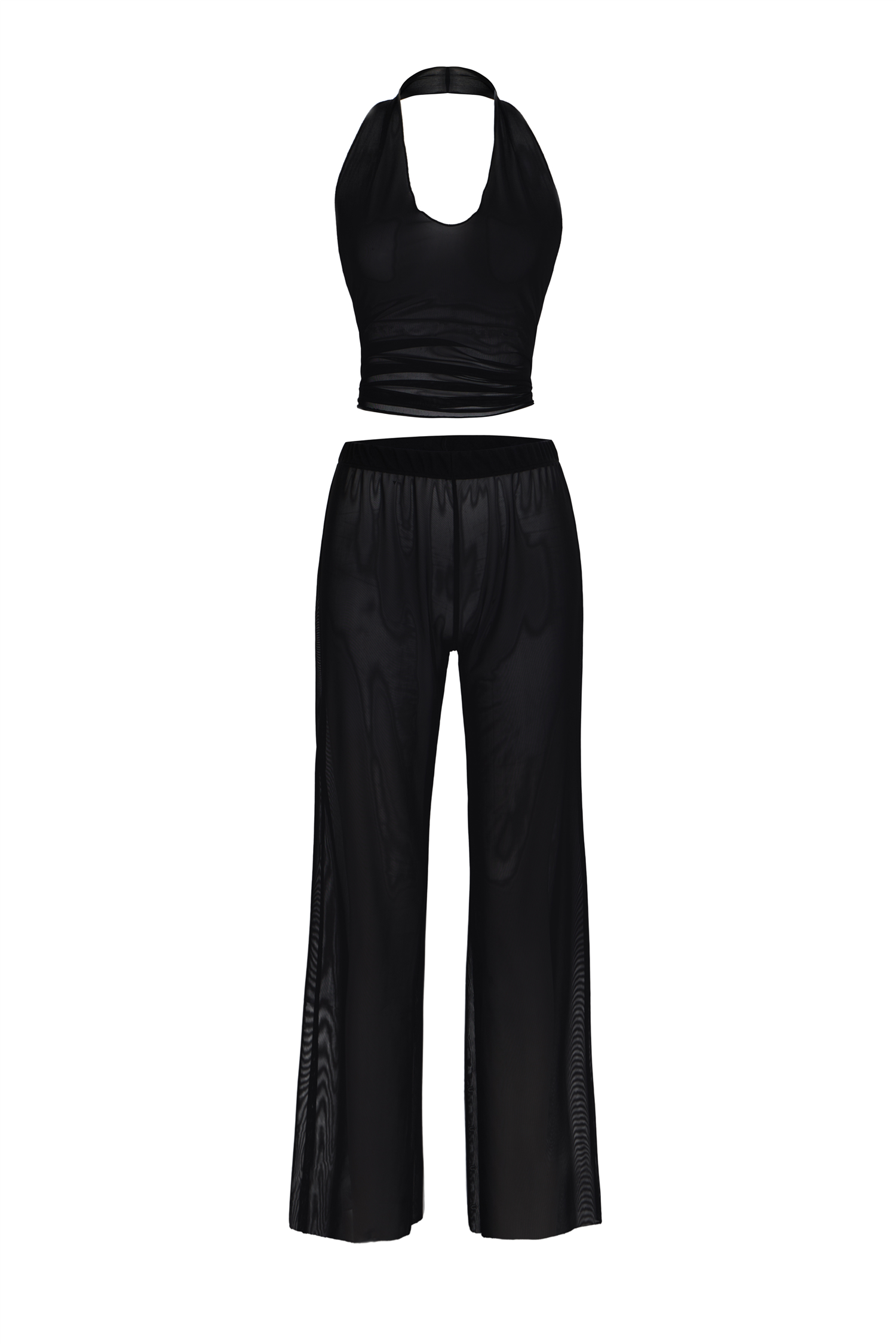 Siyah Tül Crop Top-Pantolon Takım