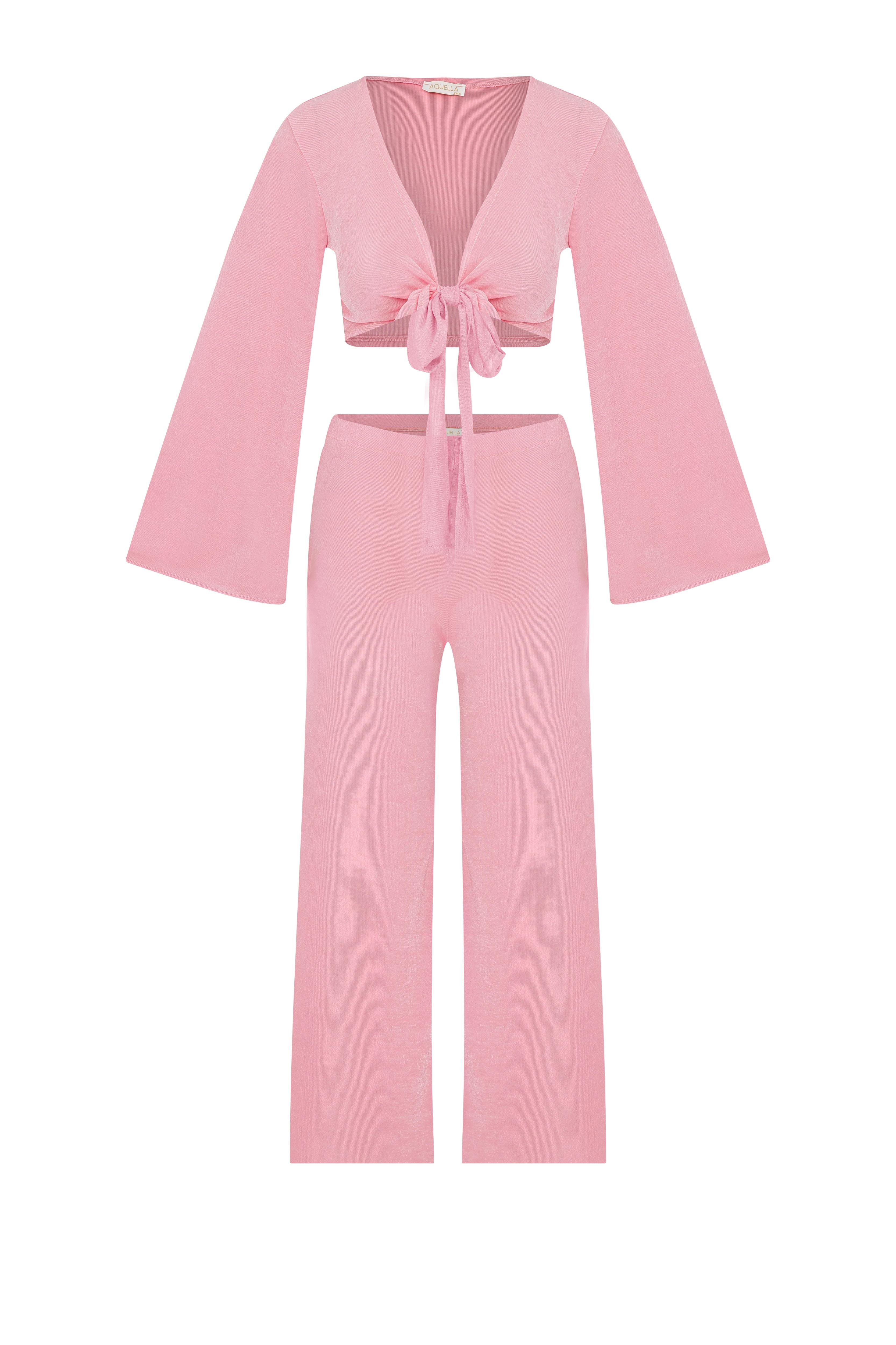 Crop Top-Pantolon Buzi Pembe İkili Takım