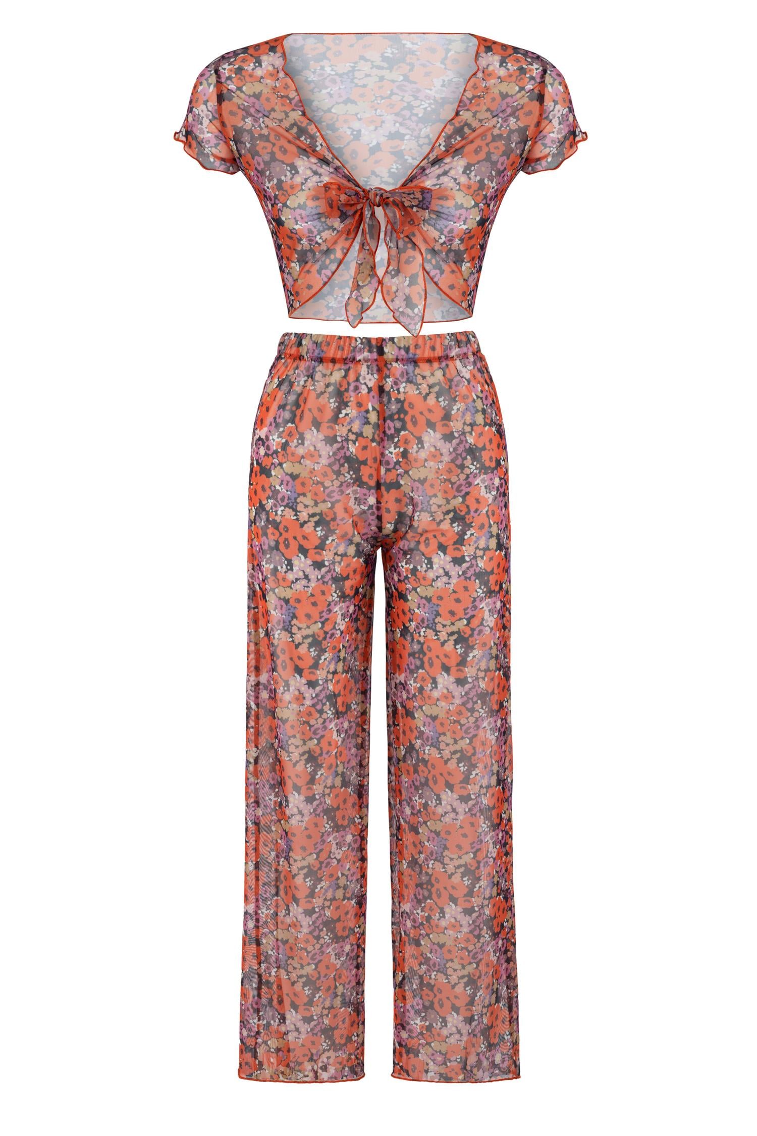Dikiş Detaylı Desenli Tül Crop Pantolon Takım