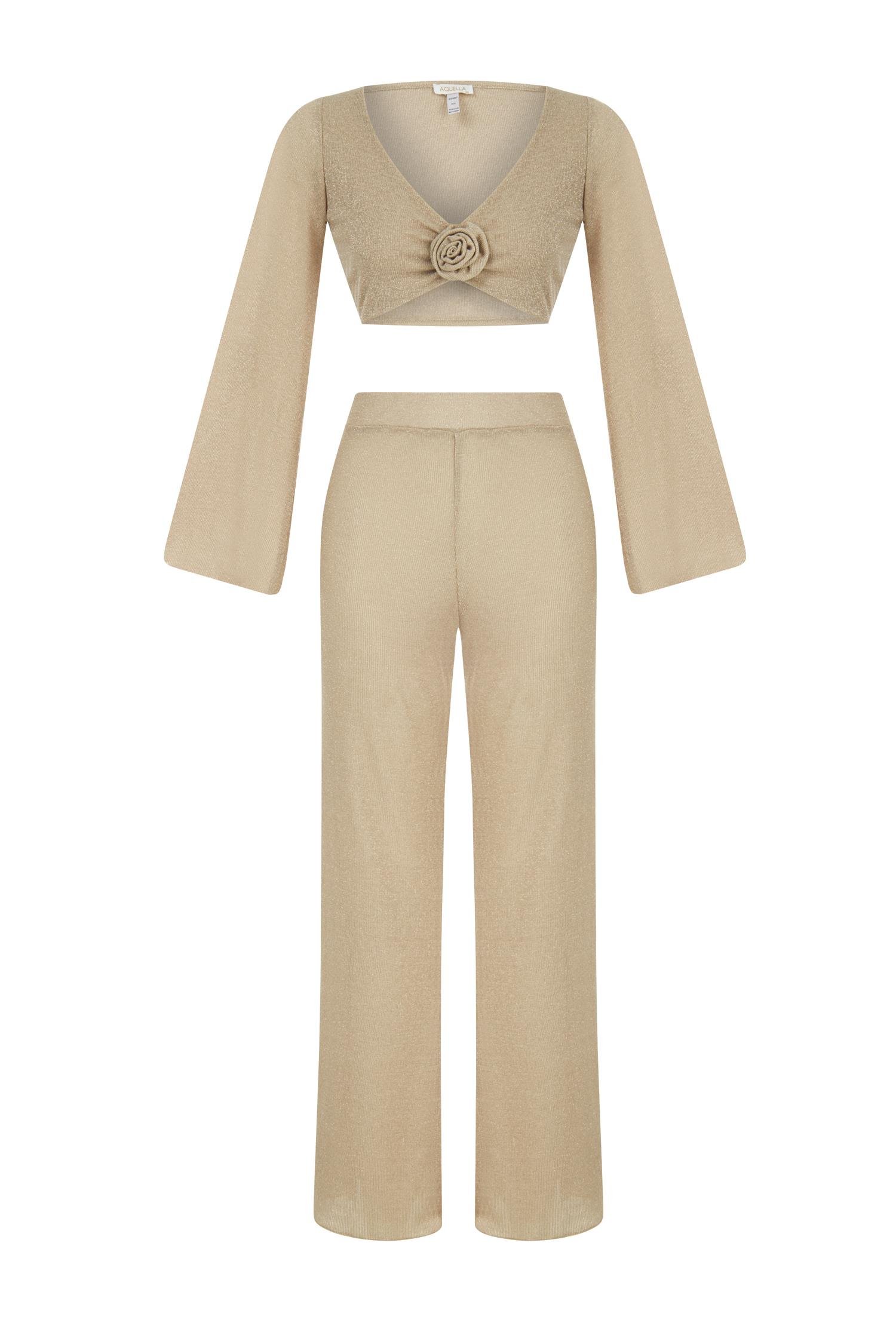 Gül Detaylı Gold Pantolon-Crop Takım