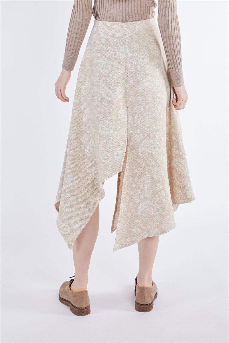 Asimetrik Kesim Etek - Bej Desenli