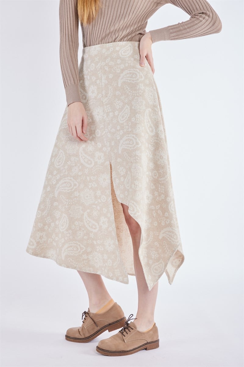 Asimetrik Kesim Etek - Bej Desenli
