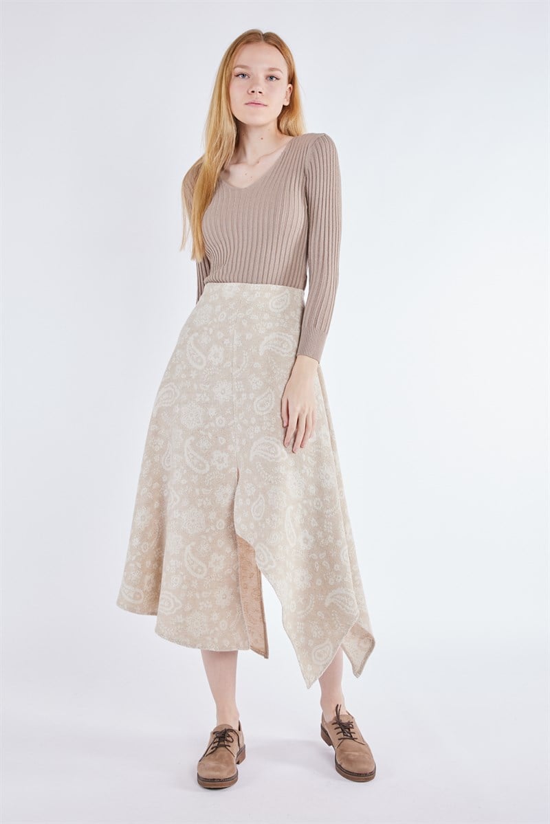 Asimetrik Kesim Etek - Bej Desenli